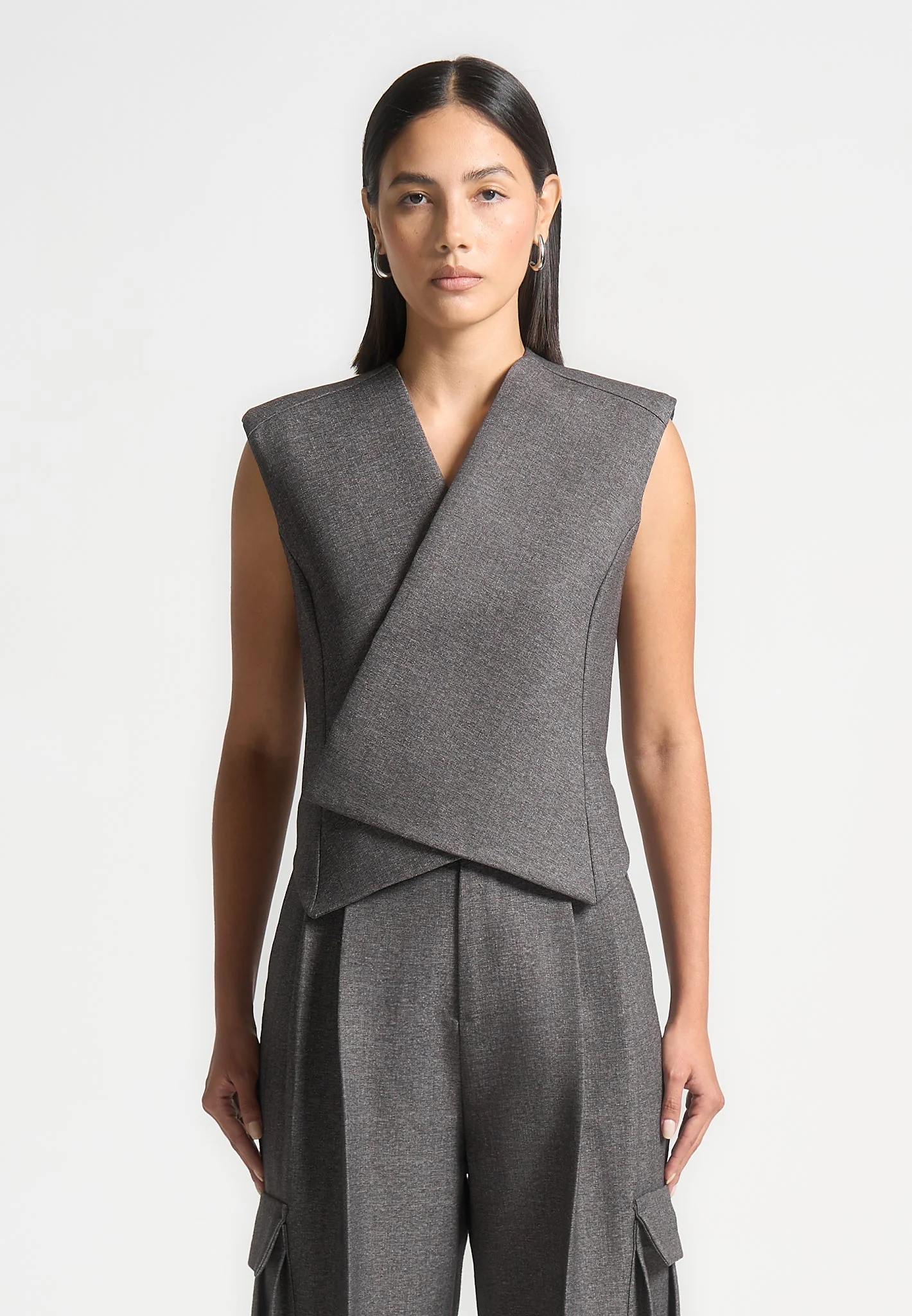 Laurence - Textured Tailored Wrap Suit Vest - Grey Marl - Image 5