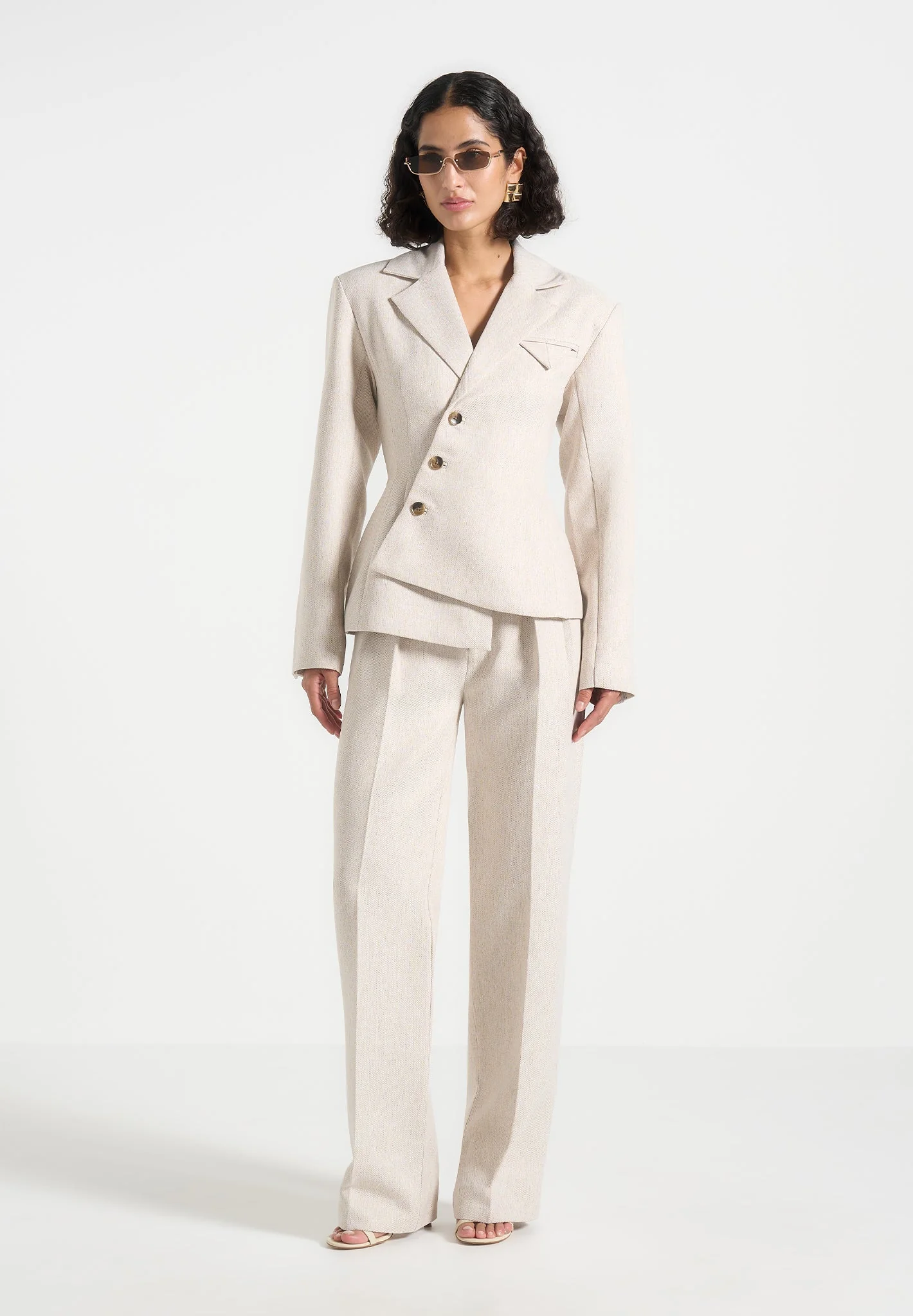 Thalia - Tailored Asymmetric Double Breasted Blazer - Light Beige - Image 2