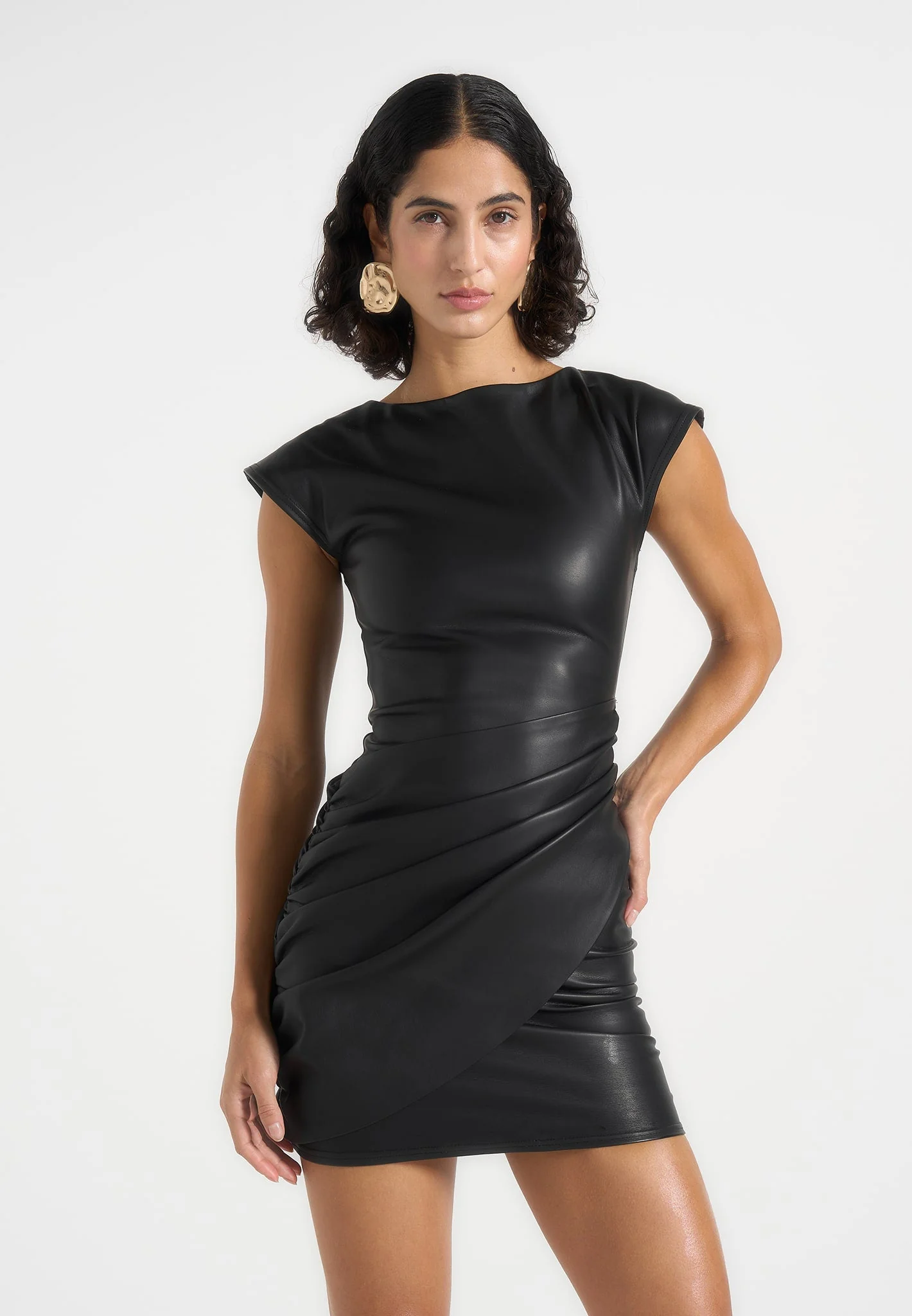 Tina - Leather Boat Neck Ruched Dress - Black - Image 3