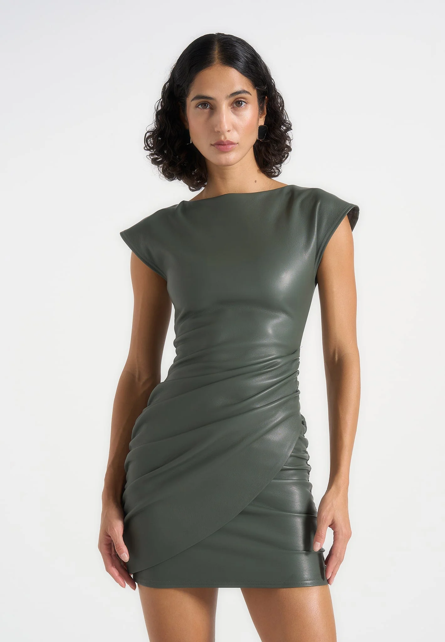 Tina - Leather Boat Neck Ruched Dress - Khaki - Image 3