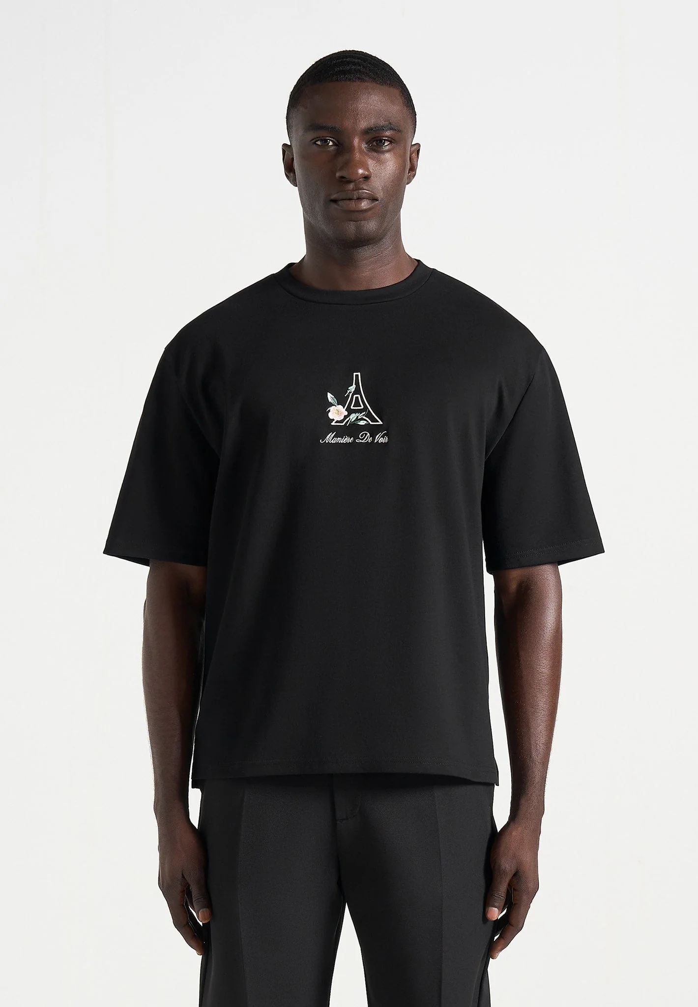 TS008 - Unisex Floral Eiffel Cotton T-Shirt - Black - Image 4