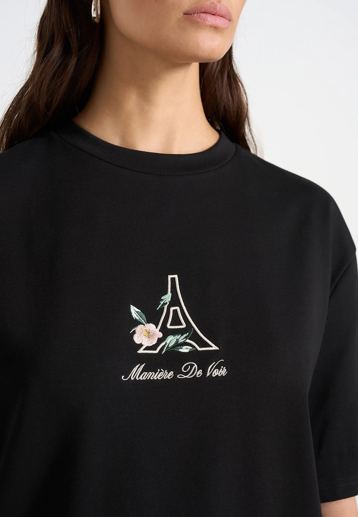 TS008 - Unisex Floral Eiffel Cotton T-Shirt - Black - Image 5