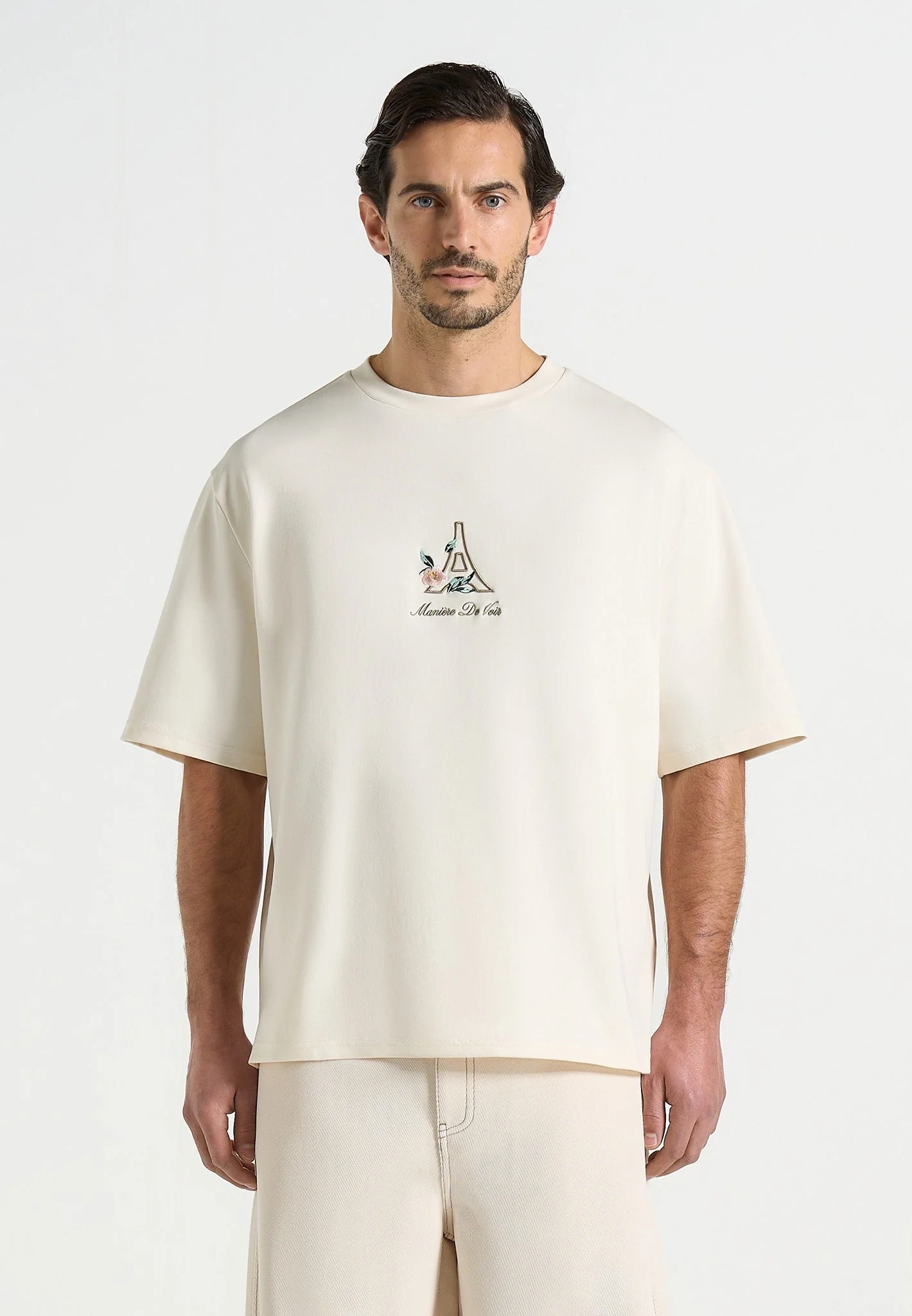 TS008 - Unisex Floral Eiffel Cotton T-Shirt - Cream - Image 2