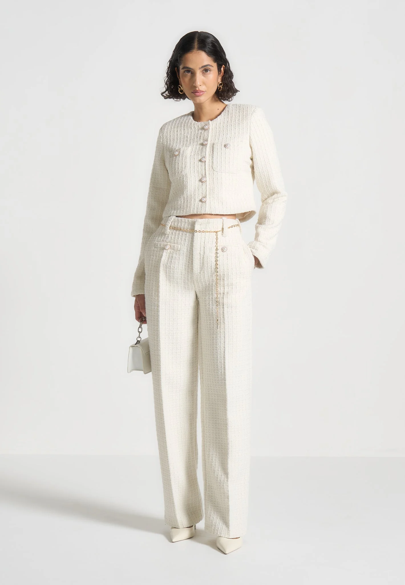 Nathalie - Tweed Trousers with Belt - Cream - Image 2