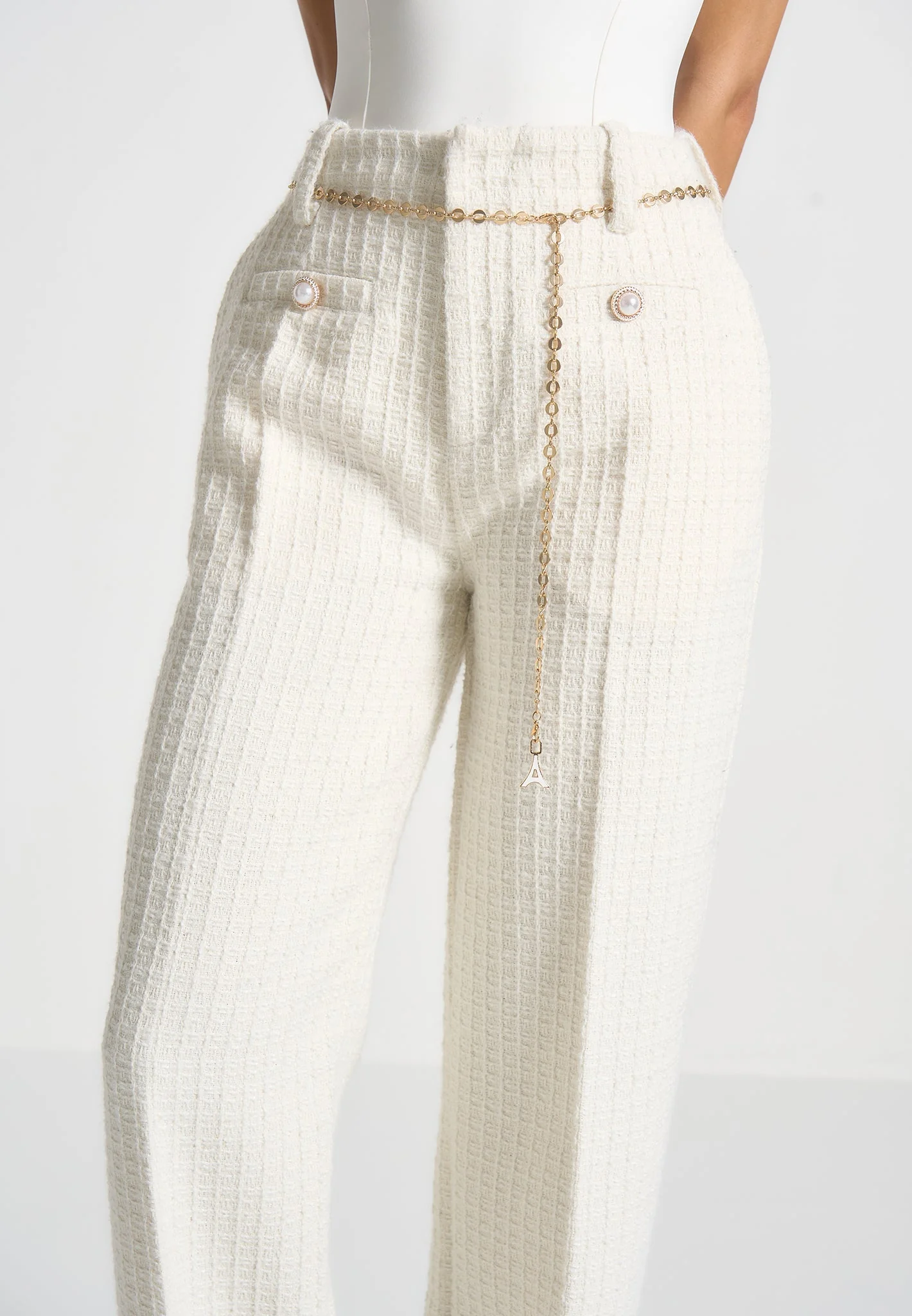 Nathalie - Tweed Trousers with Belt - Cream - Image 3