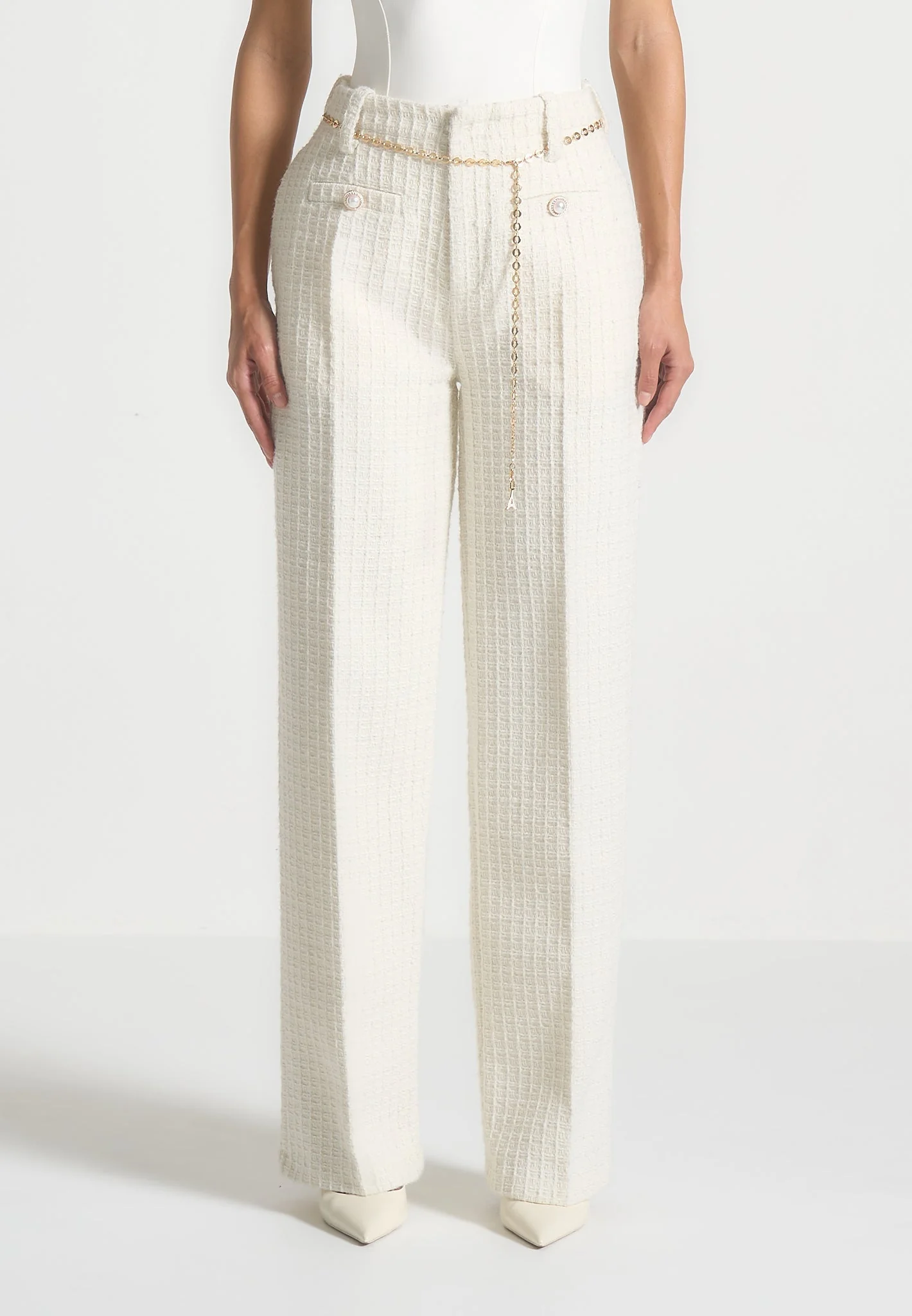 Nathalie - Tweed Trousers with Belt - Cream - Image 4