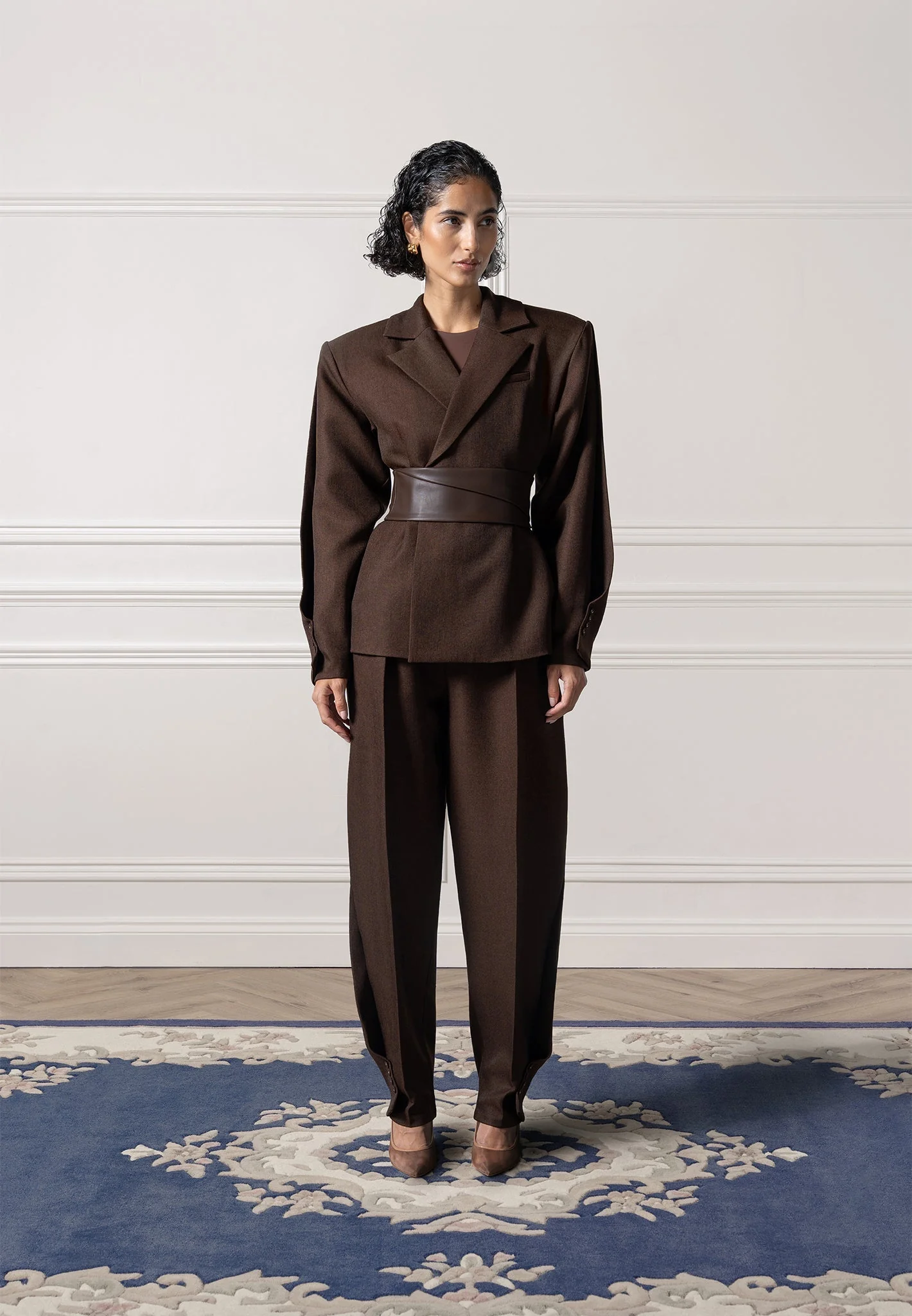 Marie - Twist Sleeve Tailored Blazer with Belt - Brown - Image 3