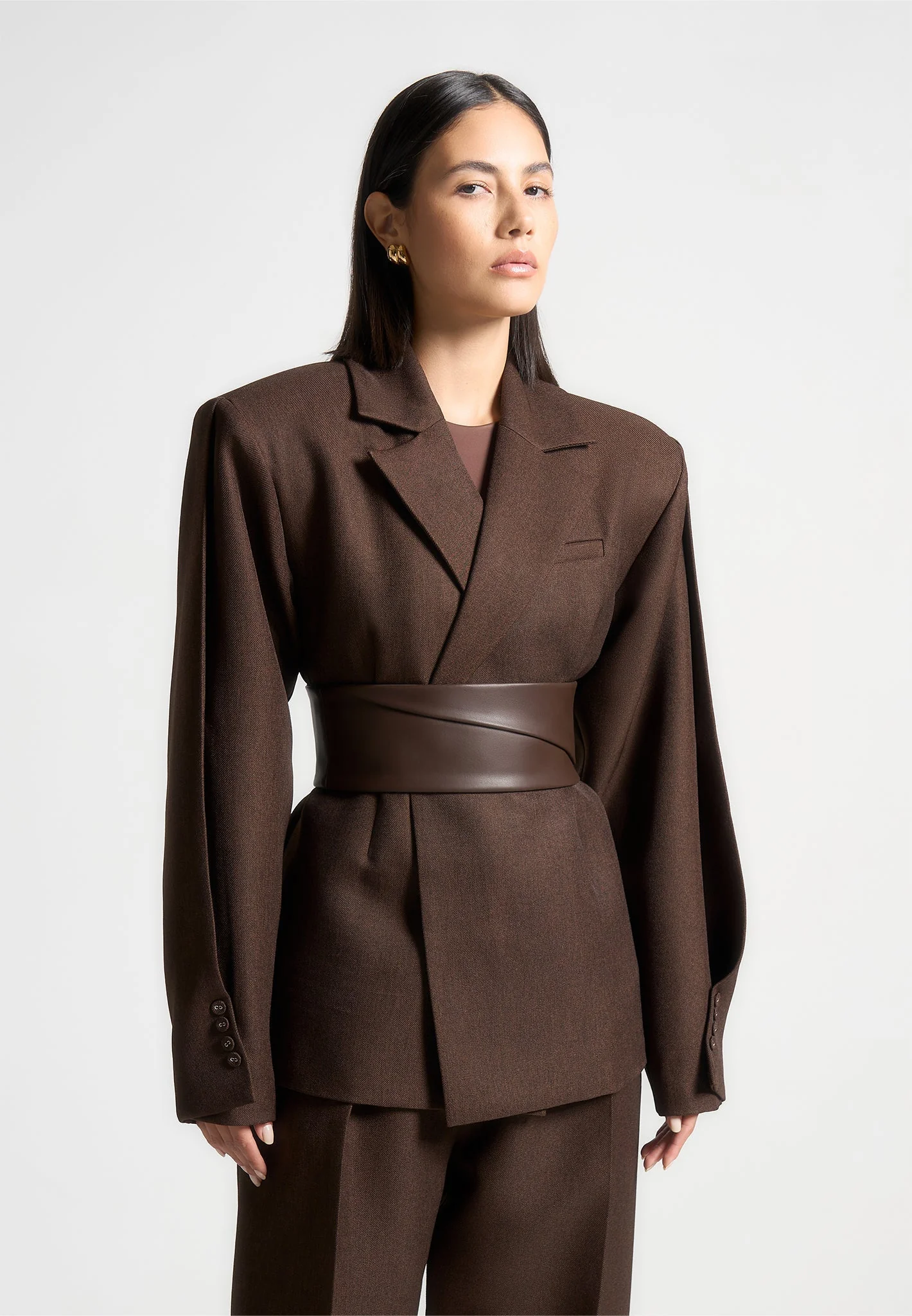 Marie - Twist Sleeve Tailored Blazer with Belt - Brown - Image 5