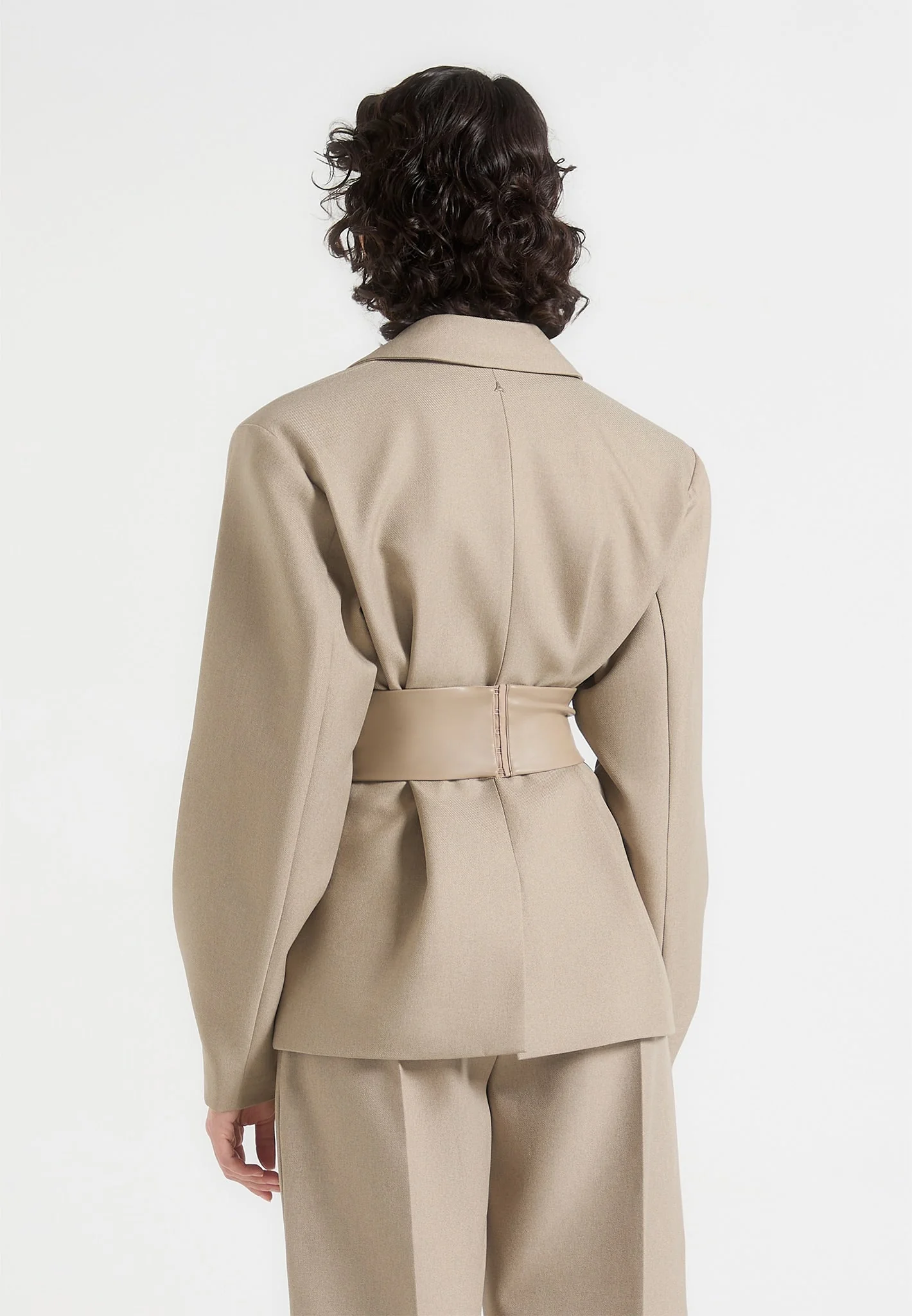 Marie - Twist Sleeve Tailored Blazer with Belt - Taupe - Image 5