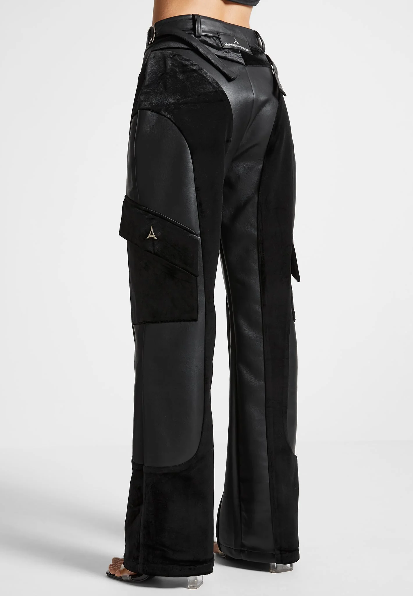 Leather and Velvet Cargo Pants - Black - Image 3
