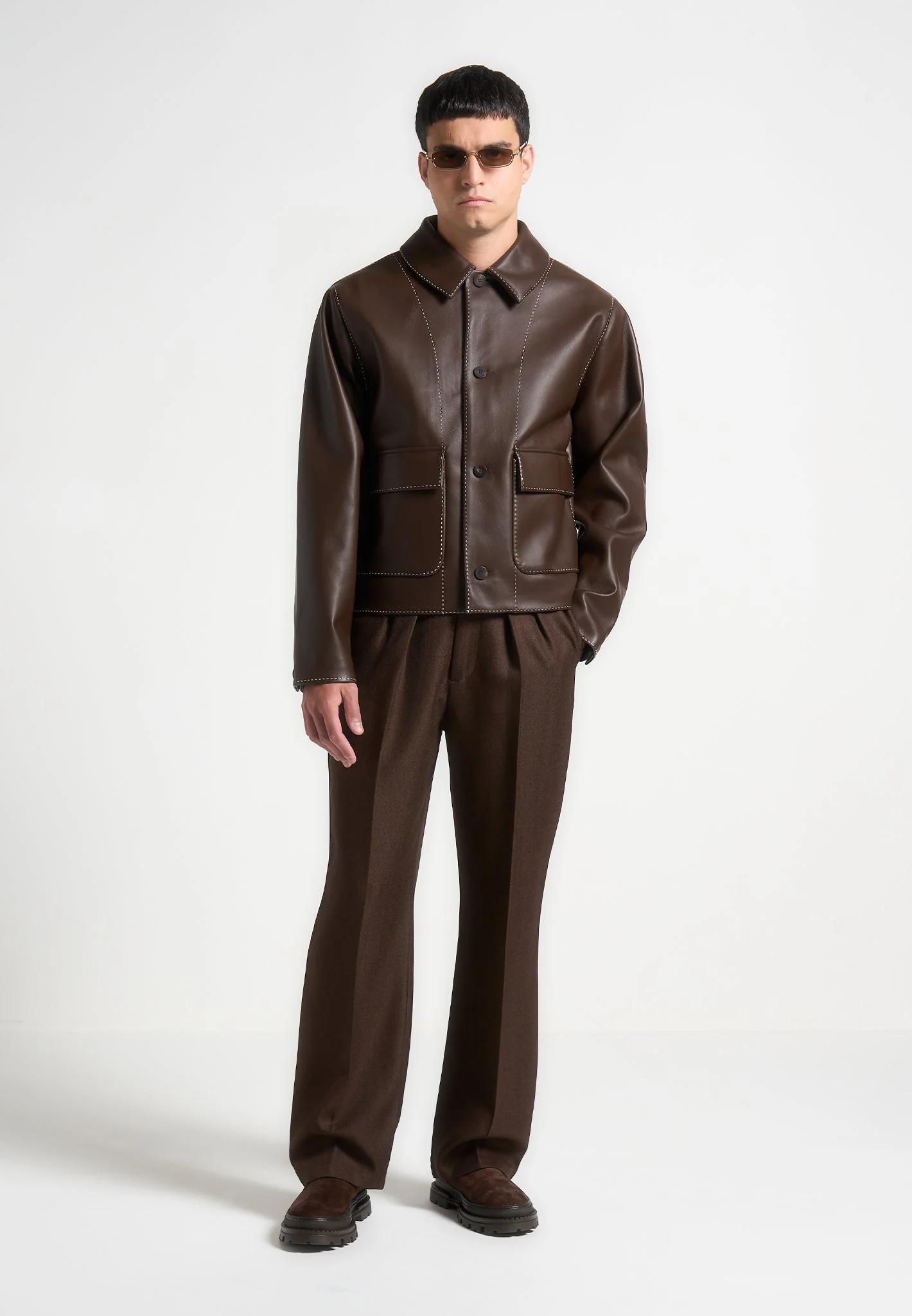 Leather Contrast Stitch Jacket - Brown - Image 2