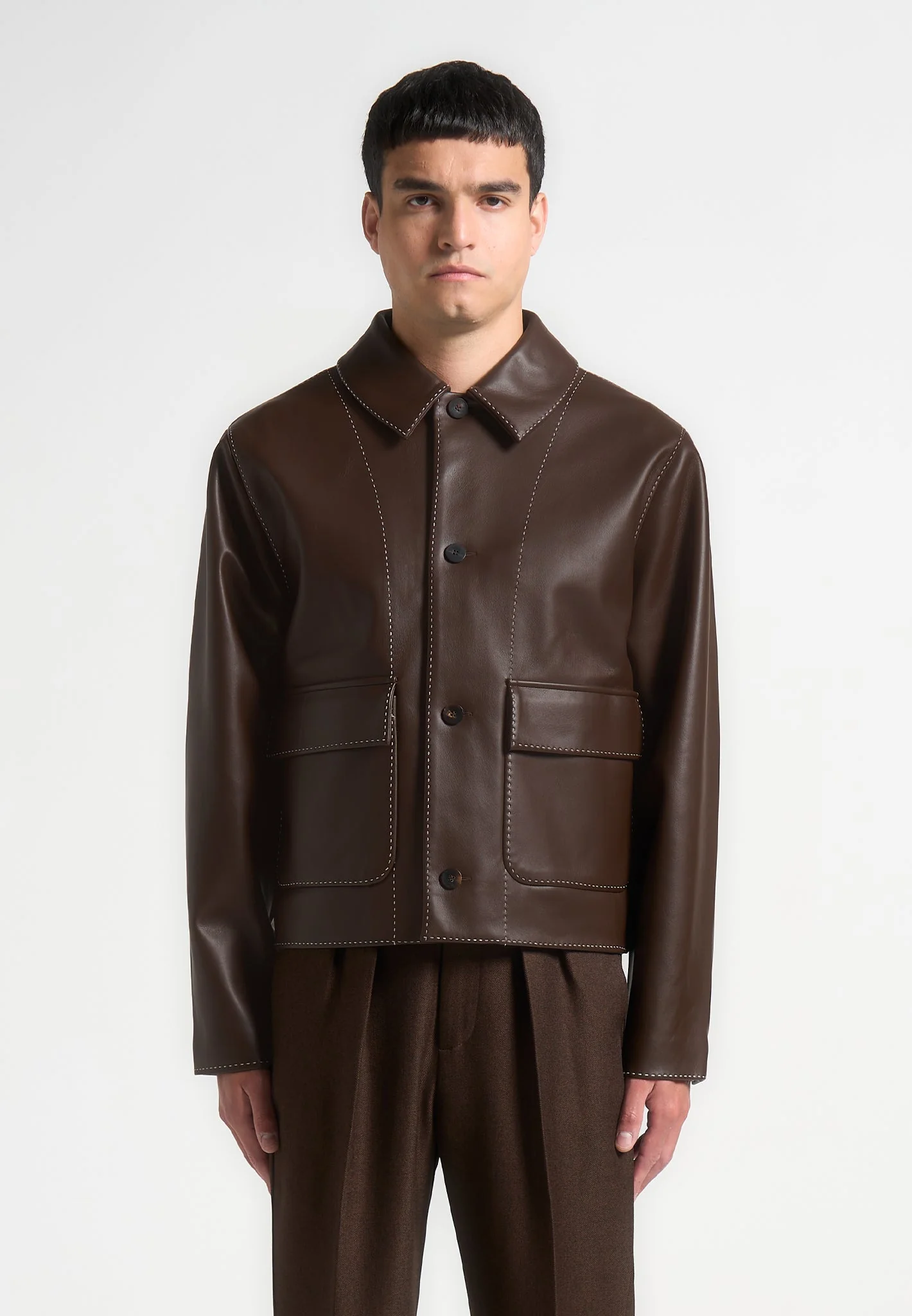 Leather Contrast Stitch Jacket - Brown - Image 3
