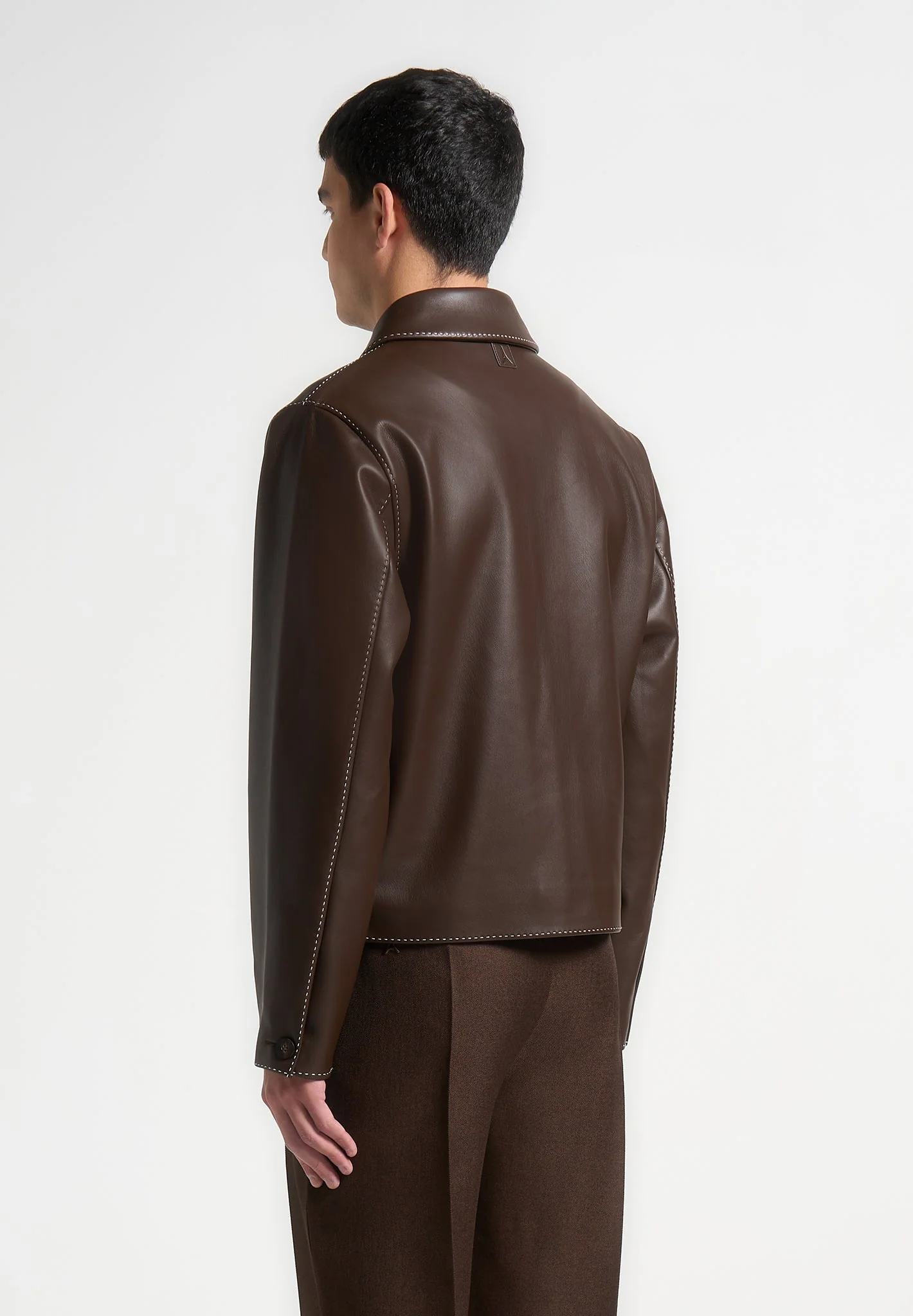 Leather Contrast Stitch Jacket - Brown - Image 4