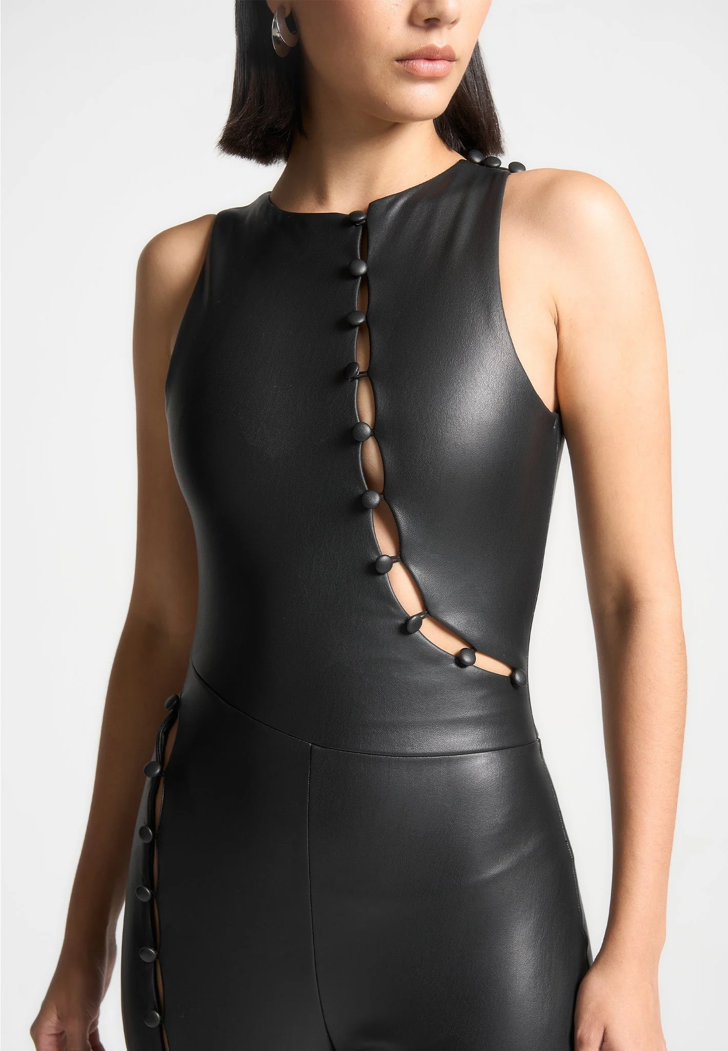 Leather Cut Out Button Detail Jumpsuit - Black - Image 3
