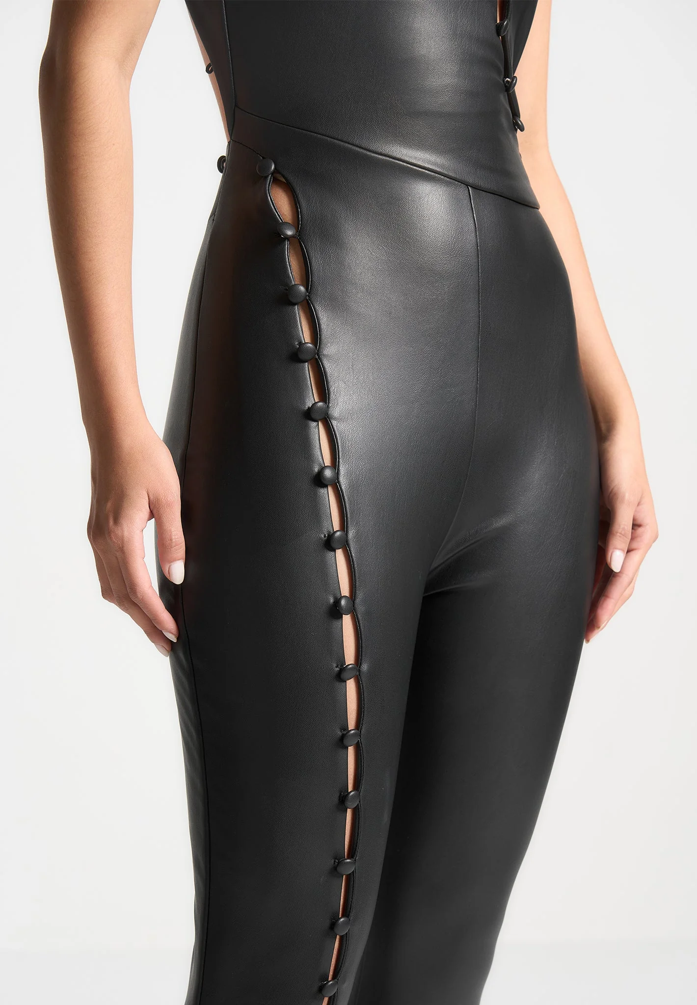 Leather Cut Out Button Detail Jumpsuit - Black - Image 4