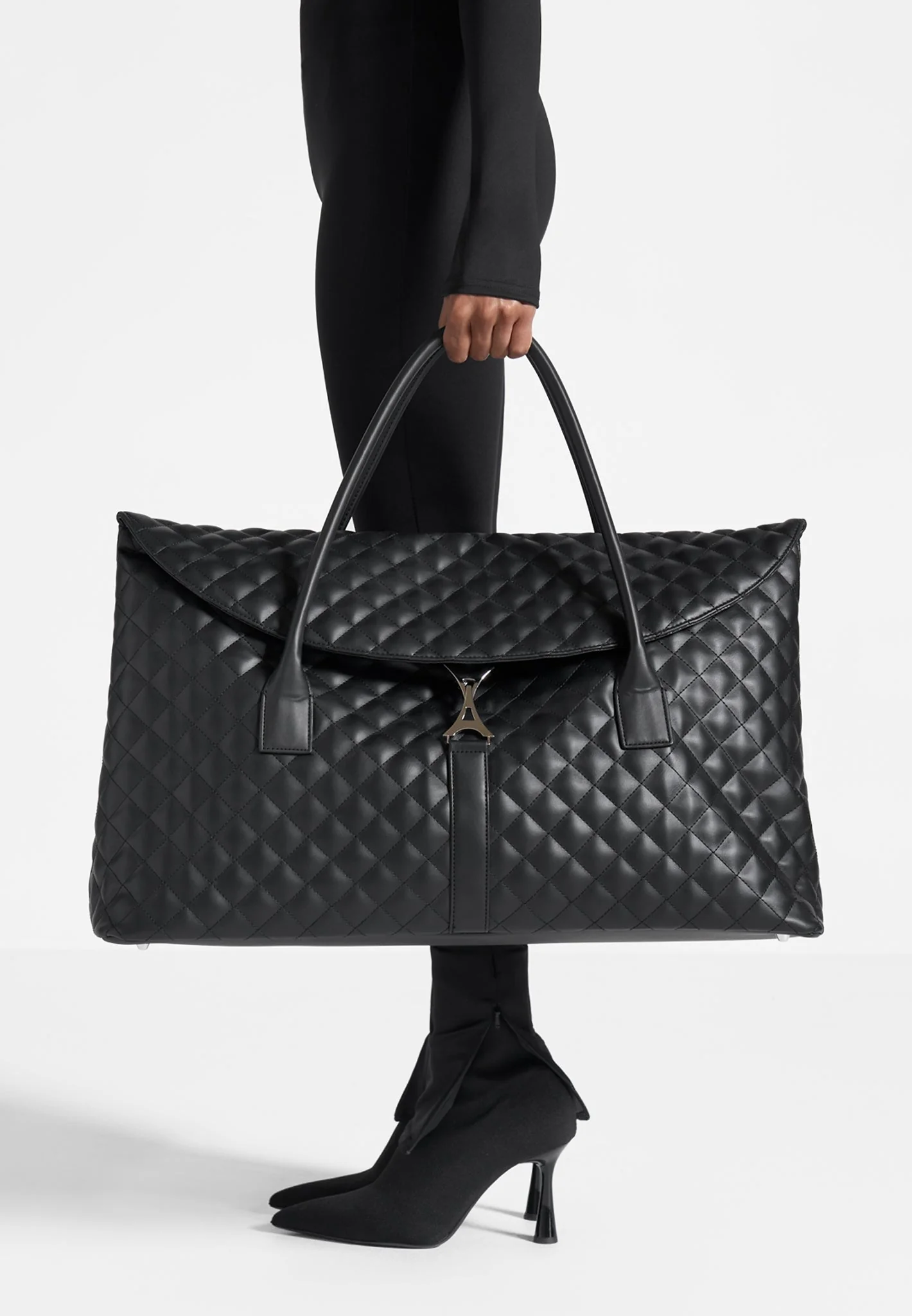 Leather Diamond Quilted Travel Bag - Black - Image 2