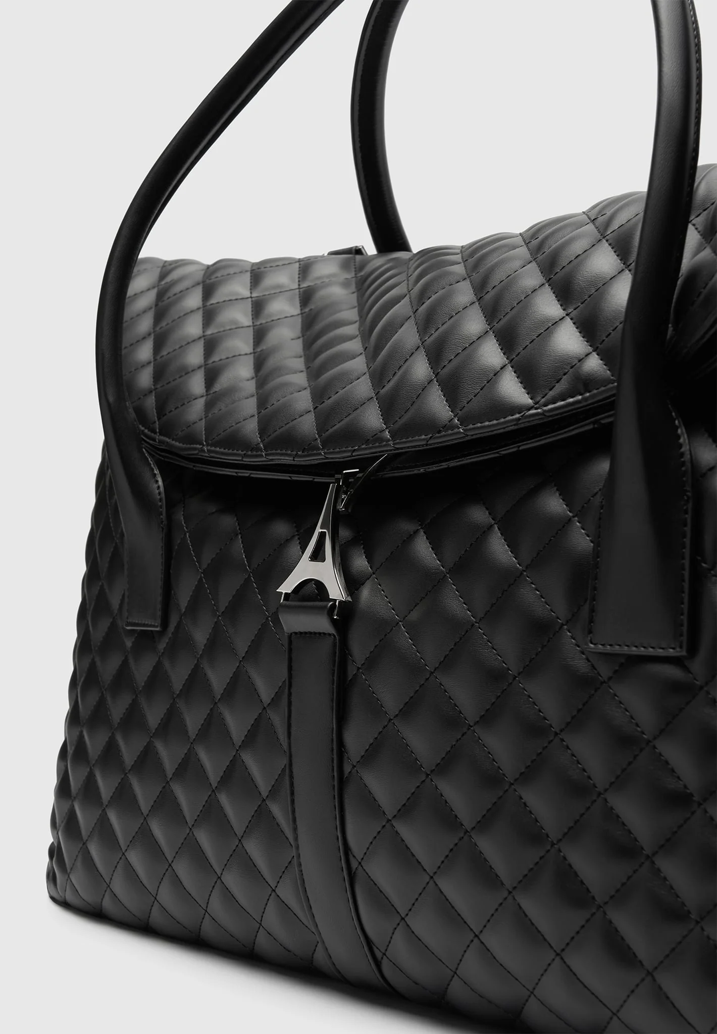 Leather Diamond Quilted Travel Bag - Black - Image 5