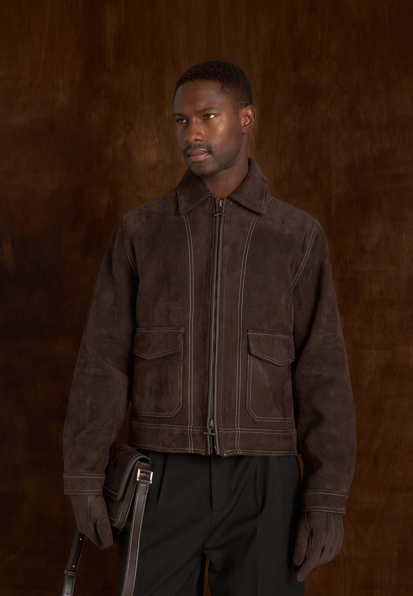 Vince - Suede Contrast Stitch Jacket - Brown - Image 2