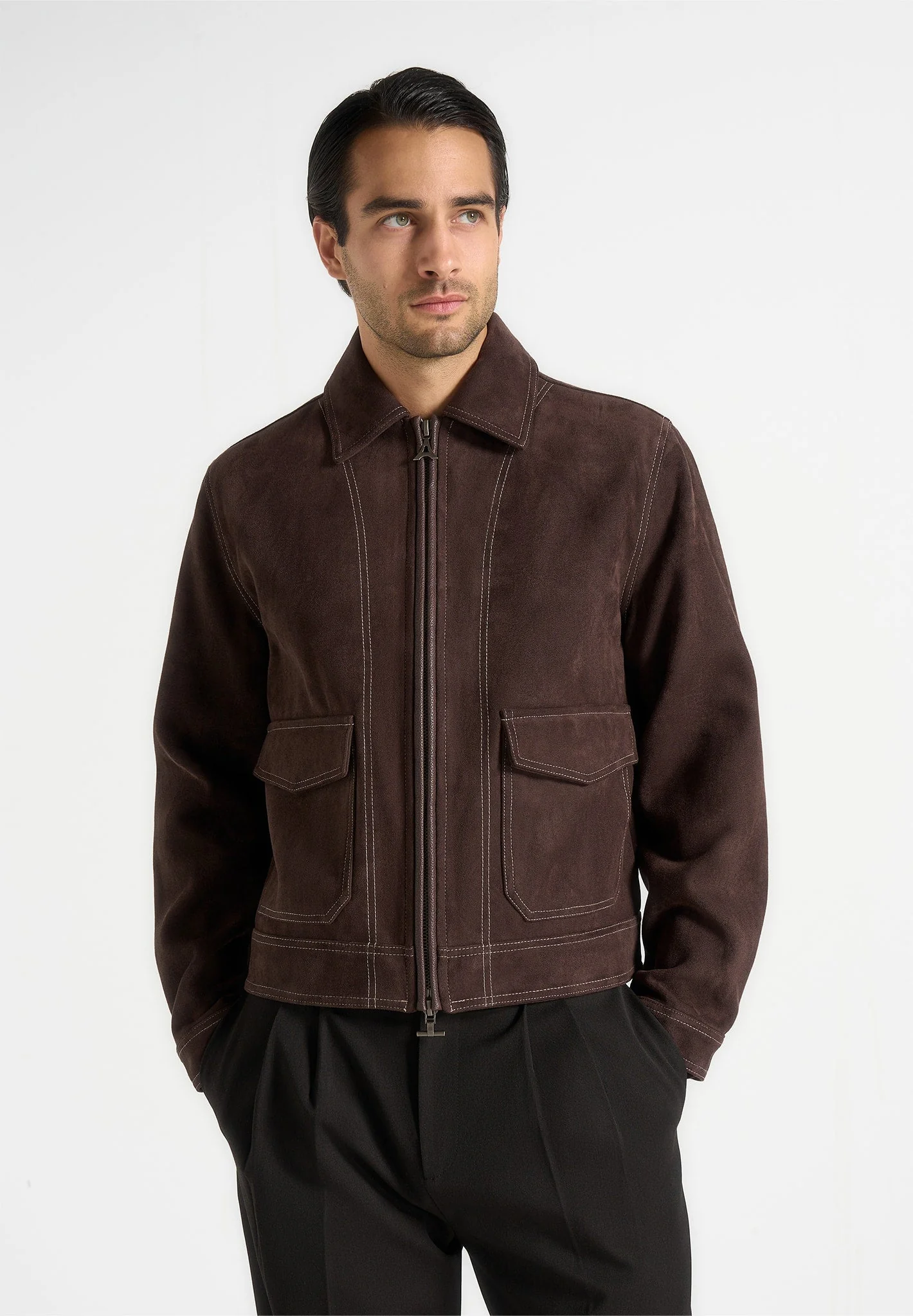 Vince - Suede Contrast Stitch Jacket - Brown - Image 4