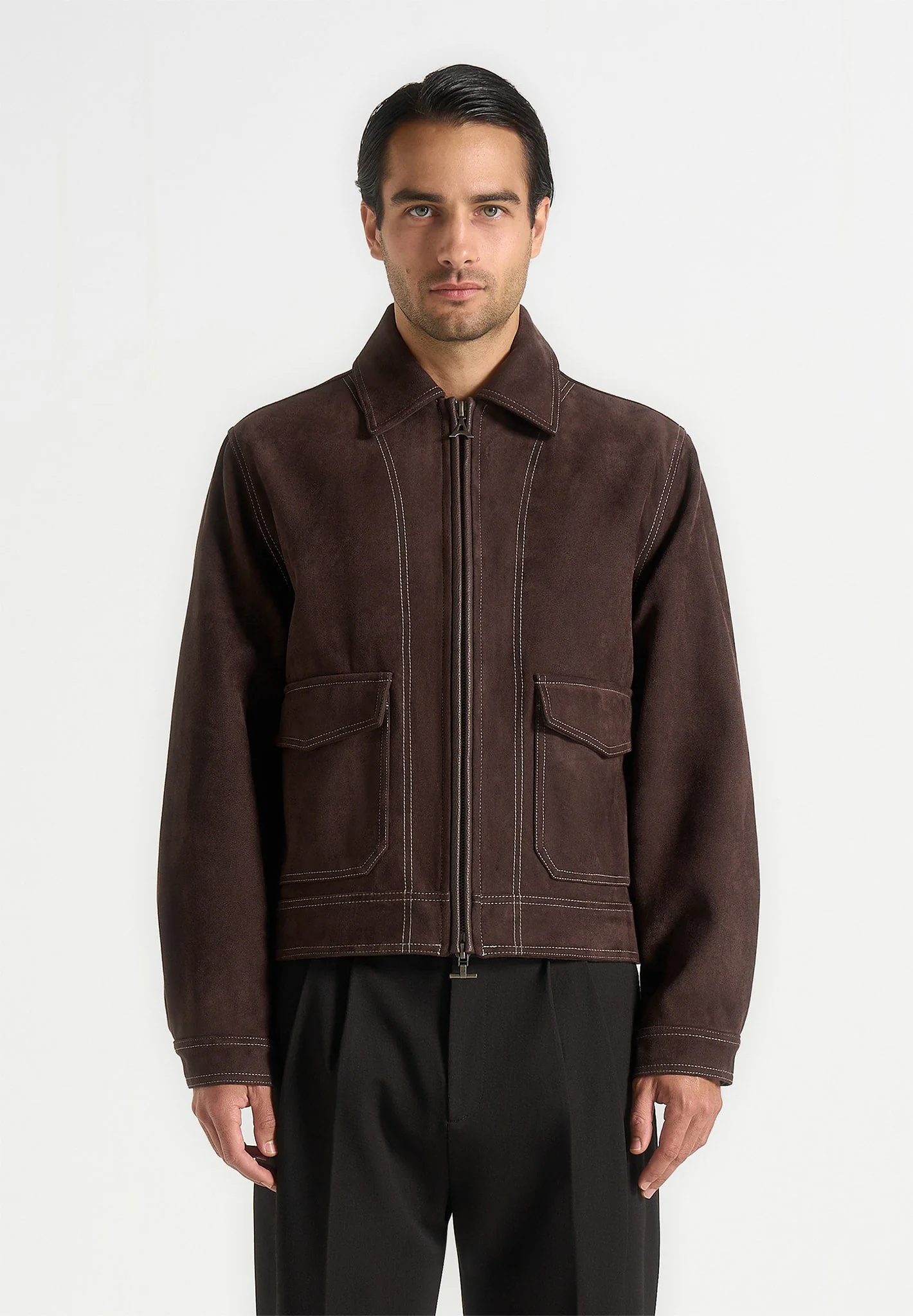 Vince - Suede Contrast Stitch Jacket - Brown - Image 6