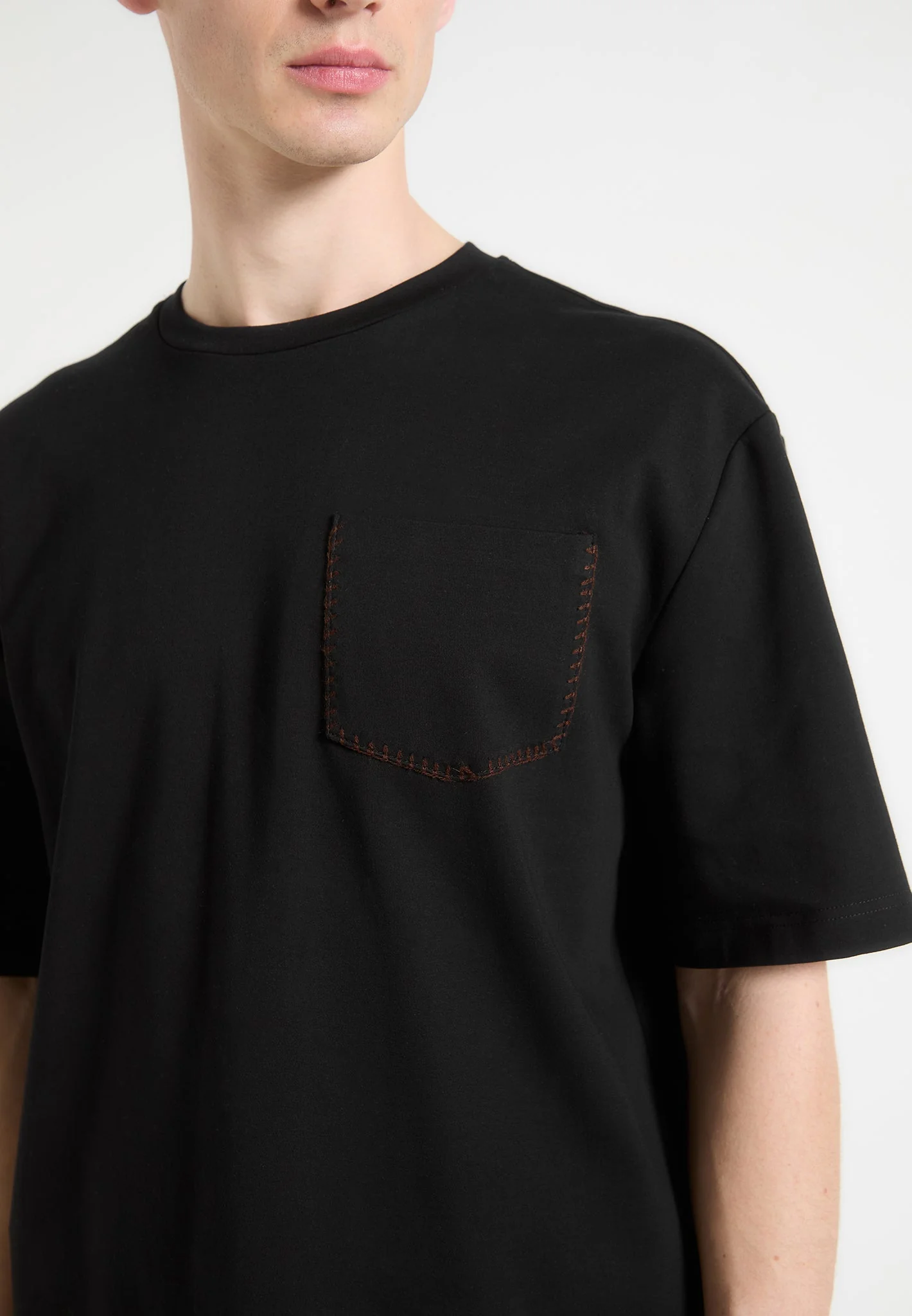Whipstitch Pocket Cotton T-Shirt - Black - Image 3