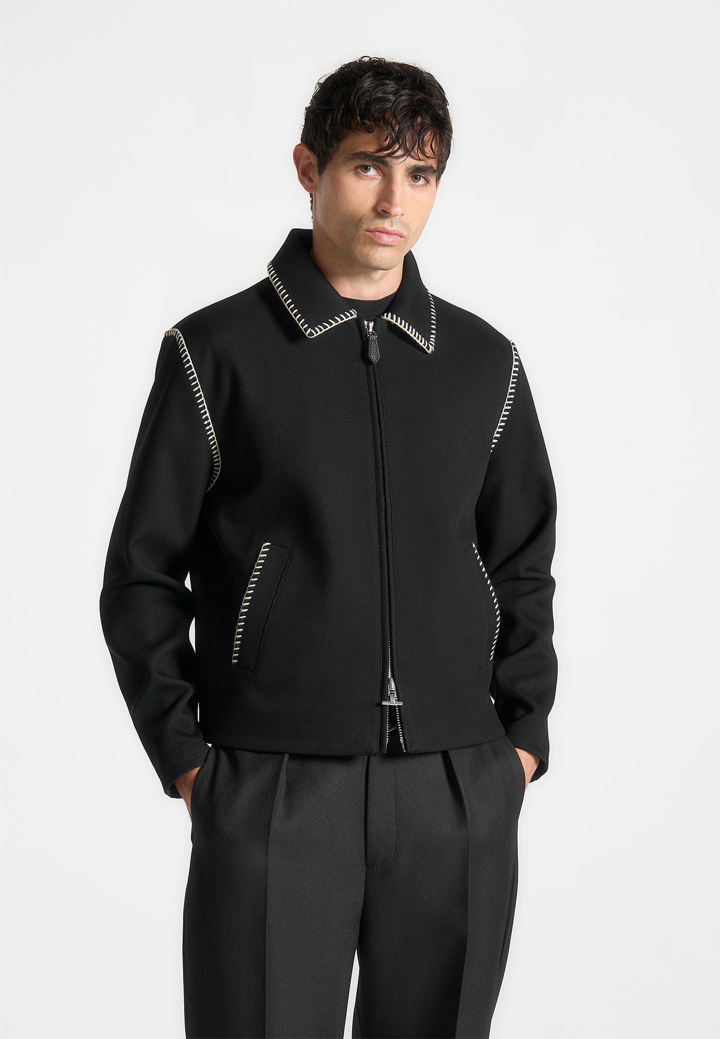 Alex - Whipstitch Twill Boxy Jacket - Black - Image 2