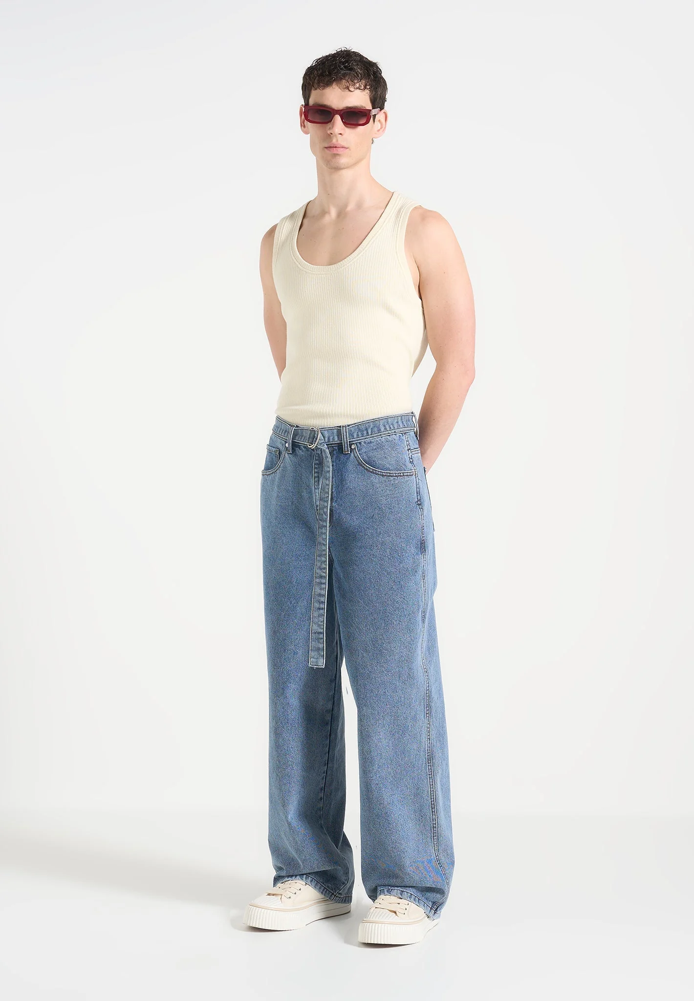 Adam - Wide Leg Belted Denim Jeans - Blue Wash - Image 3