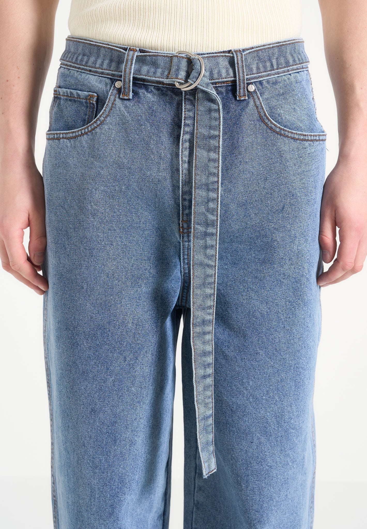 Adam - Wide Leg Belted Denim Jeans - Blue Wash - Image 4