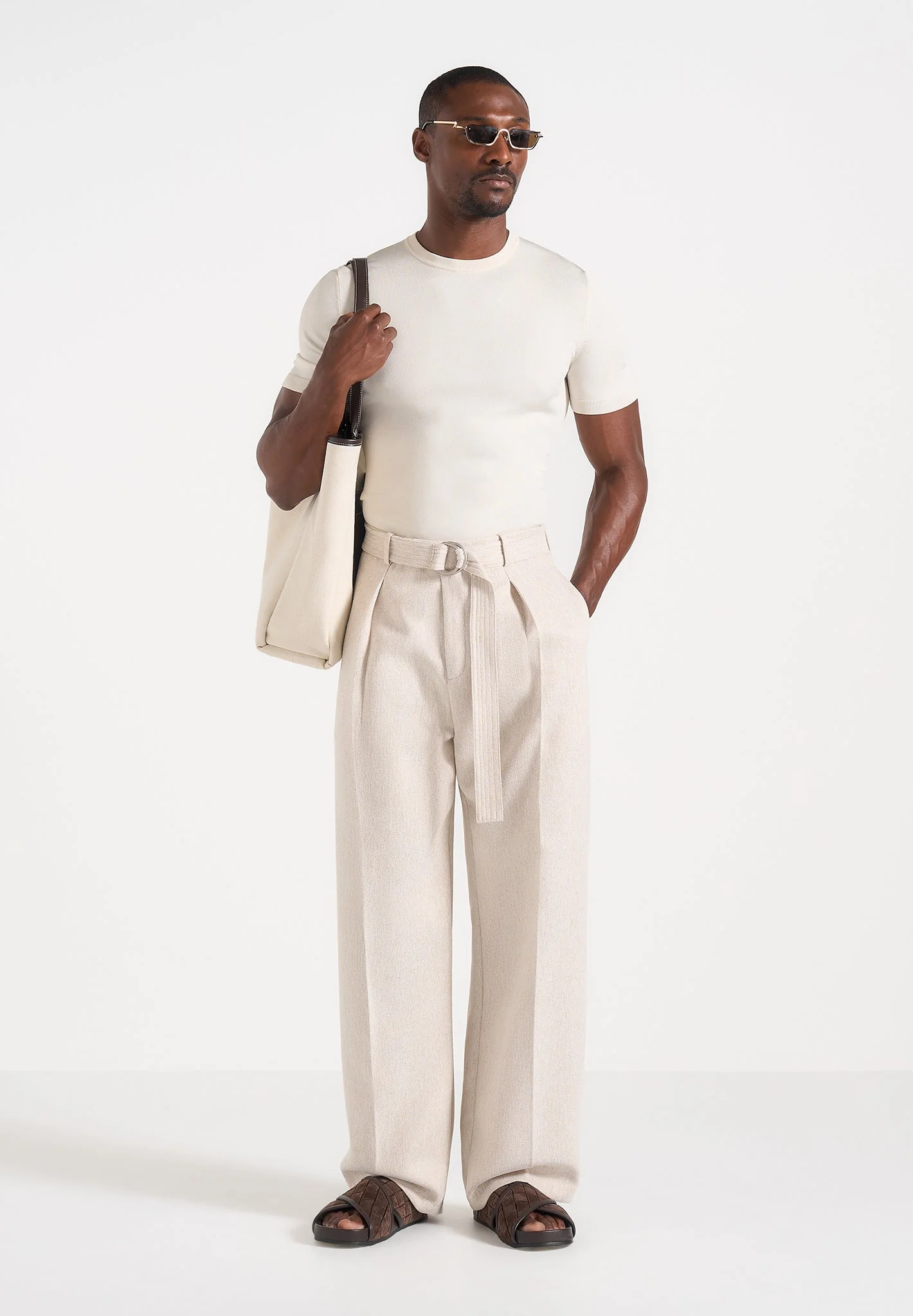 Loic -  Wide Leg Textured Trousers with Belt - Cream - Image 4