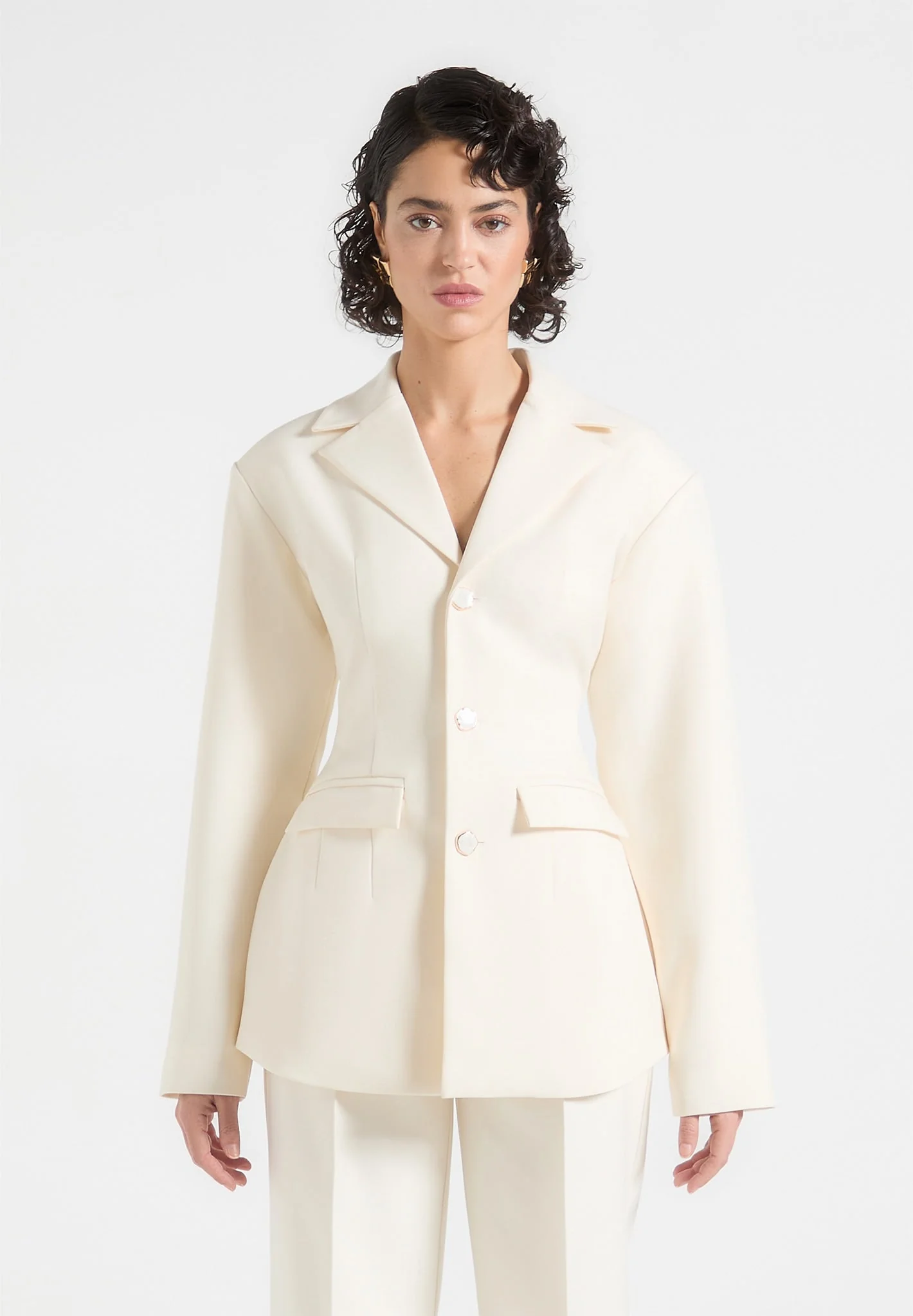 Claire - Wide Shoulder Cinch Waist Blazer - Cream - Image 4