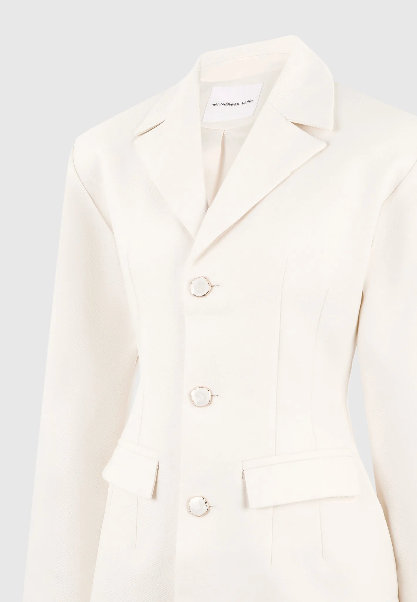 Claire - Wide Shoulder Cinch Waist Blazer - Cream - Image 9