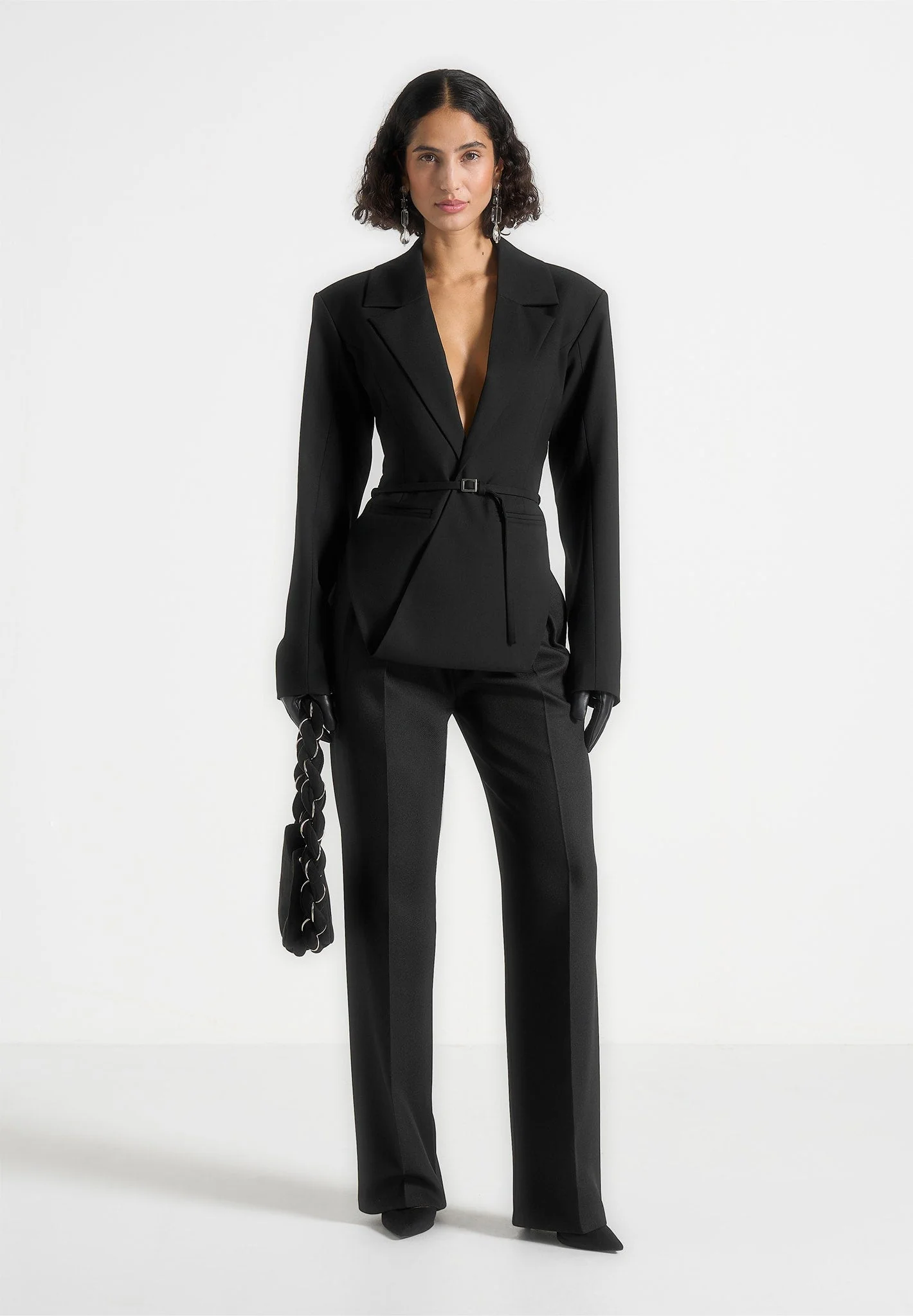 Yuna - Plunge Tailored Blazer With Belt - Black - Image 2