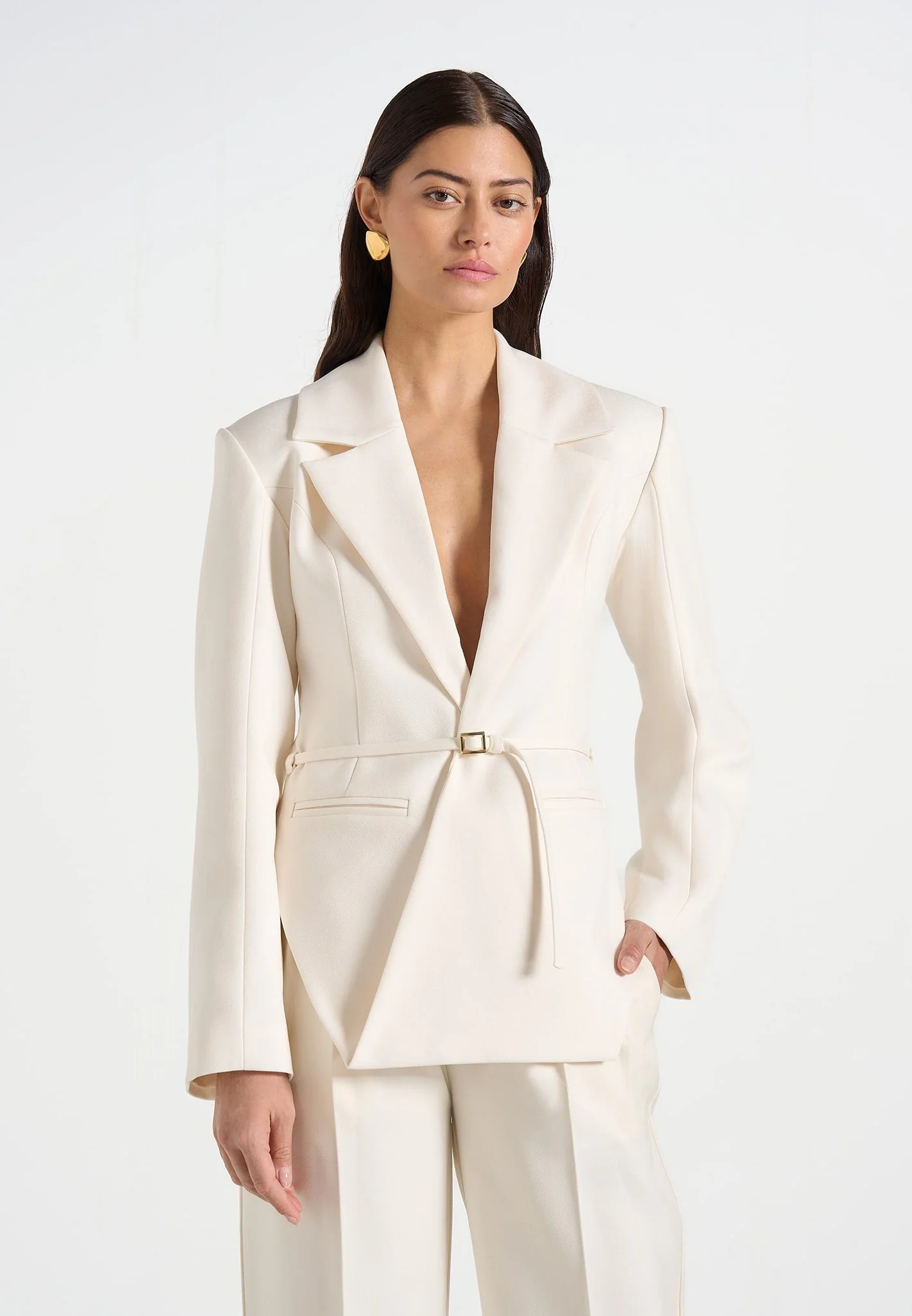 Yuna - Plunge Tailored Blazer With Belt - Off White