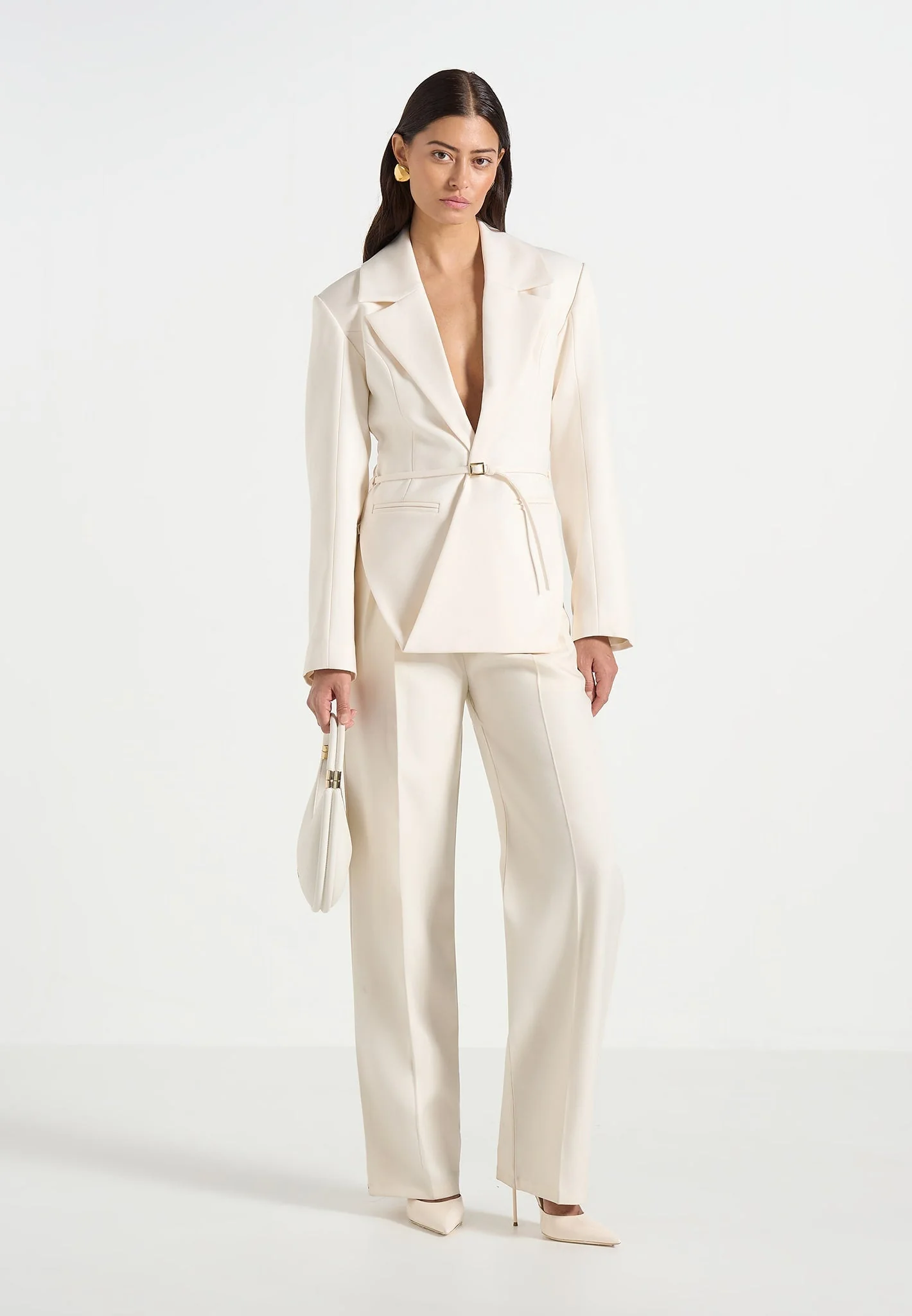 Yuna - Plunge Tailored Blazer With Belt - Off White - Image 2