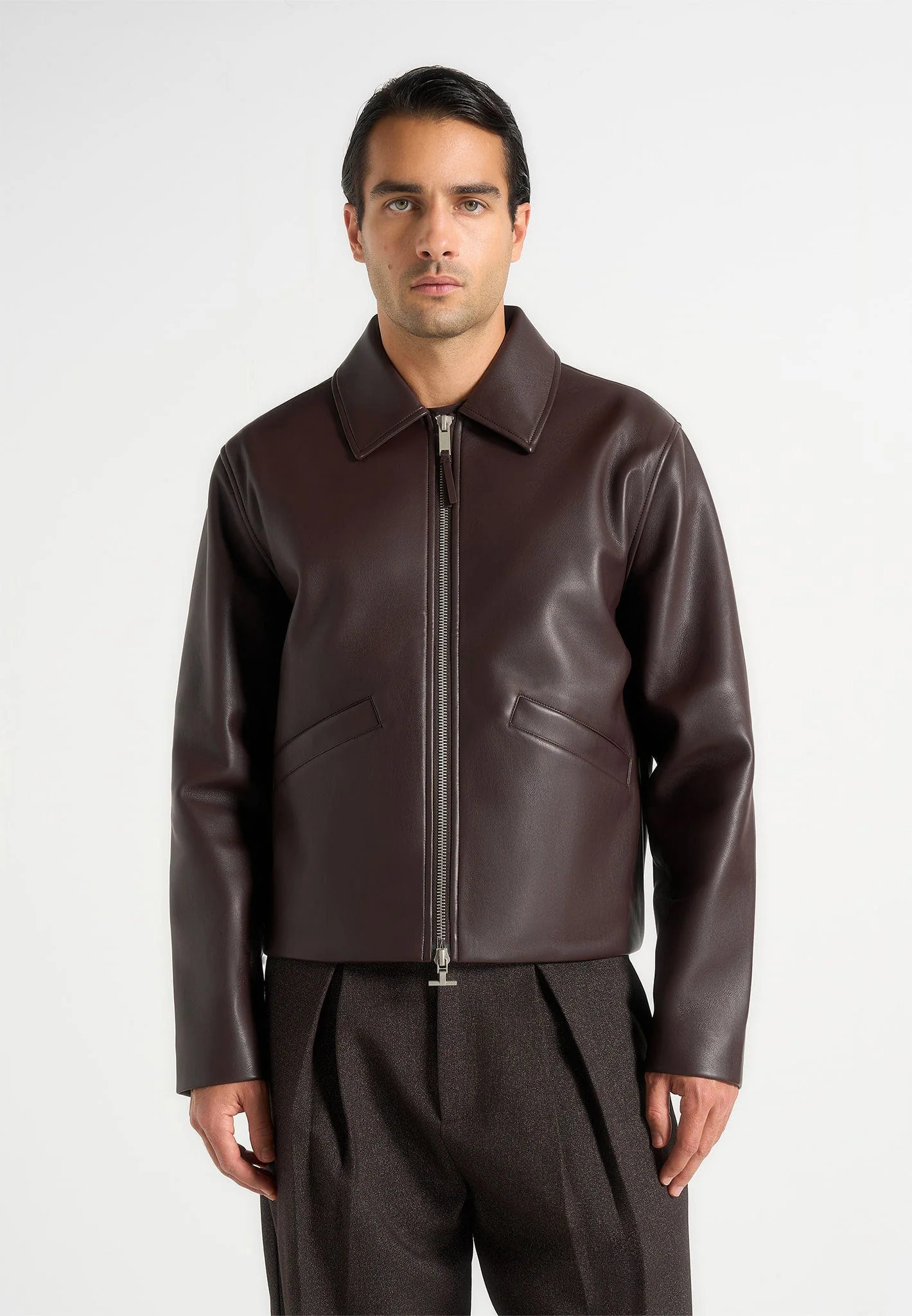 Yves - Minimal Leather Jacket - Brown - Image 2