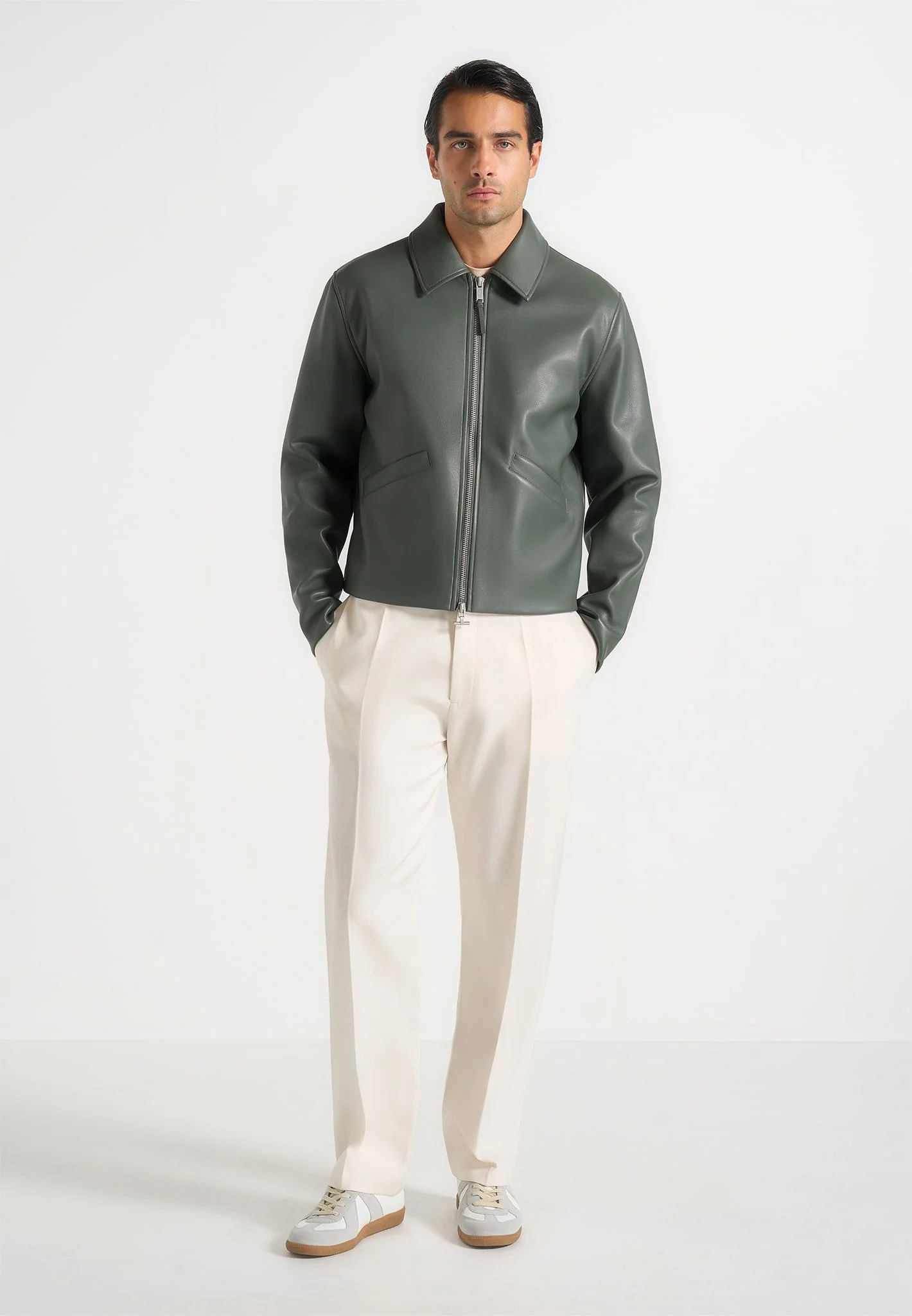 Yves - Minimal Leather Jacket - Olive