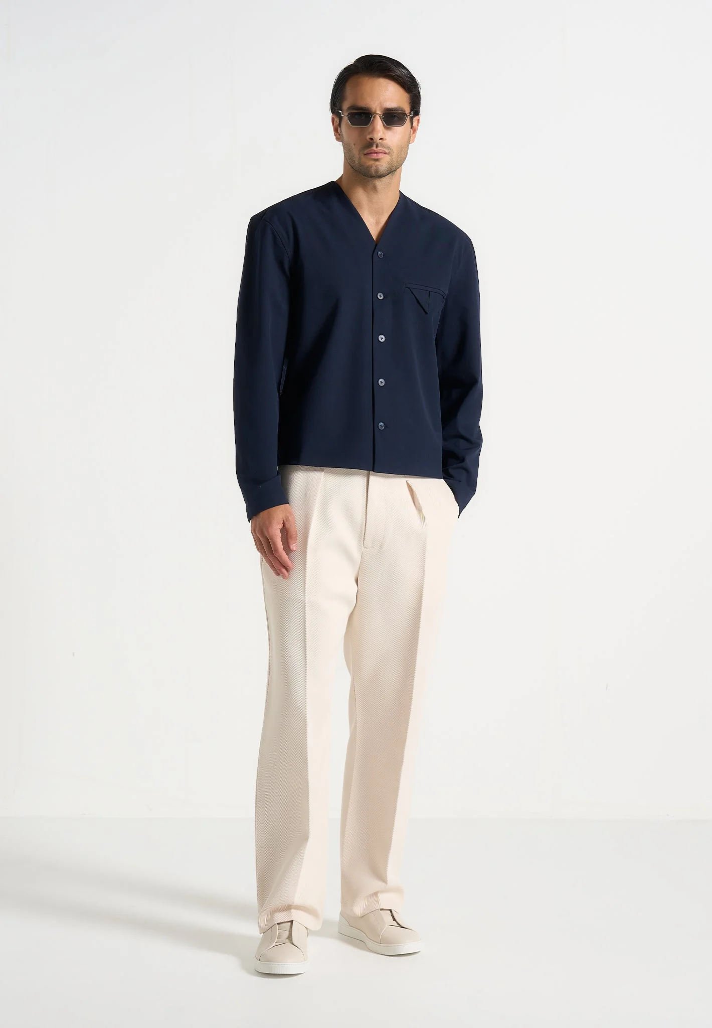 Zac - Boxy V-Neck Long Sleeve Shirt - Navy - Image 2