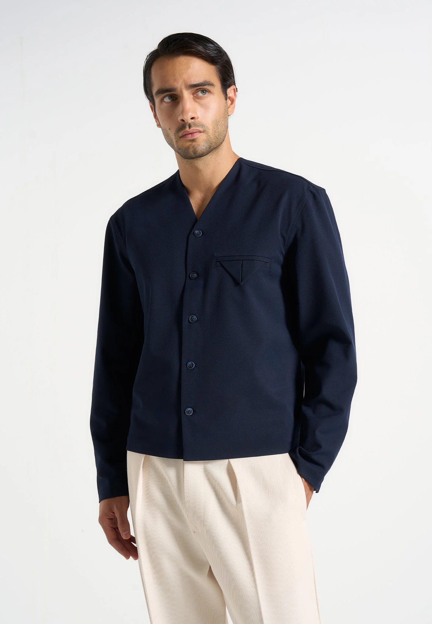 Zac - Boxy V-Neck Long Sleeve Shirt - Navy - Image 3