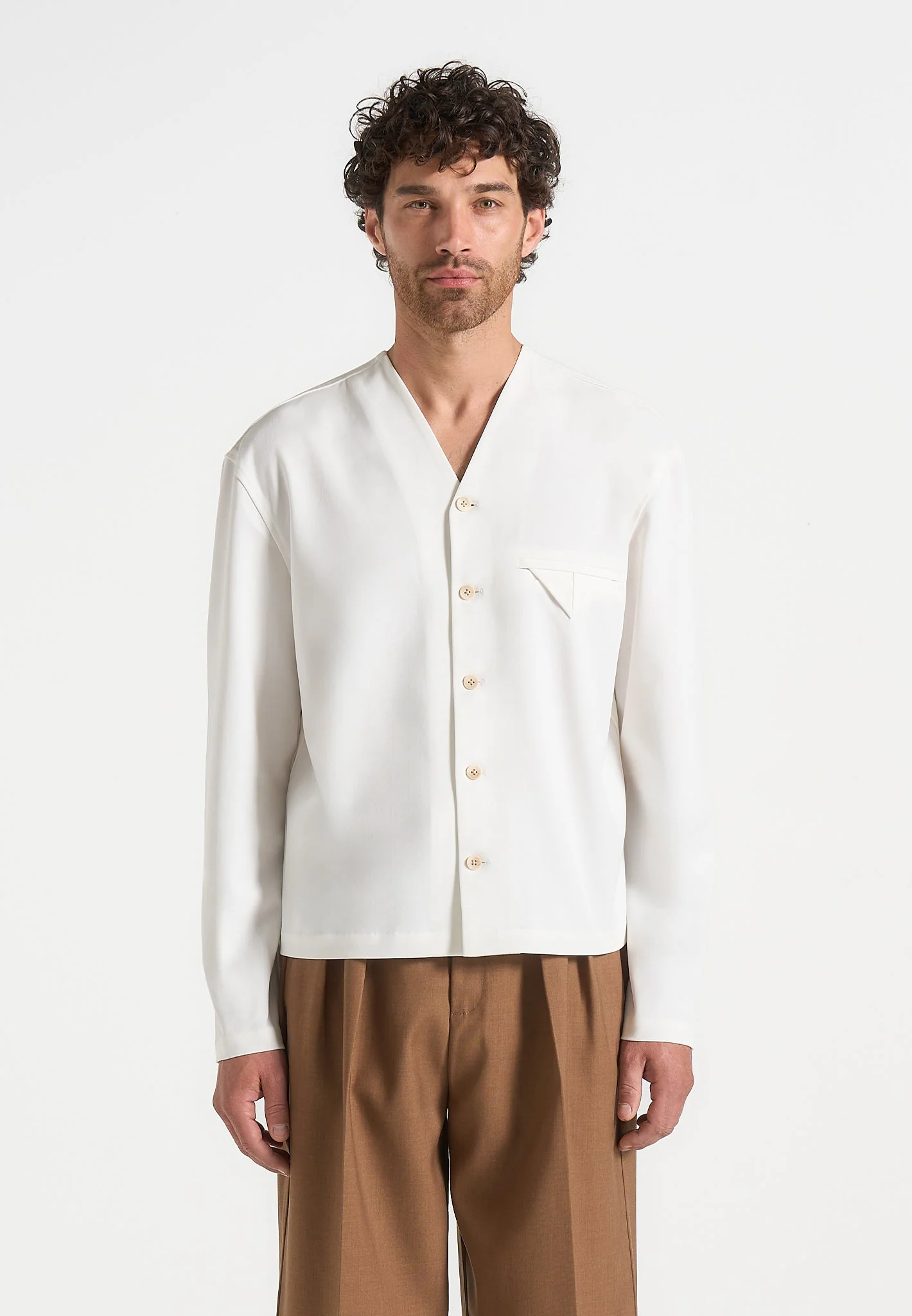 Zac - Boxy V-Neck Long Sleeve Shirt - Off White - Image 3