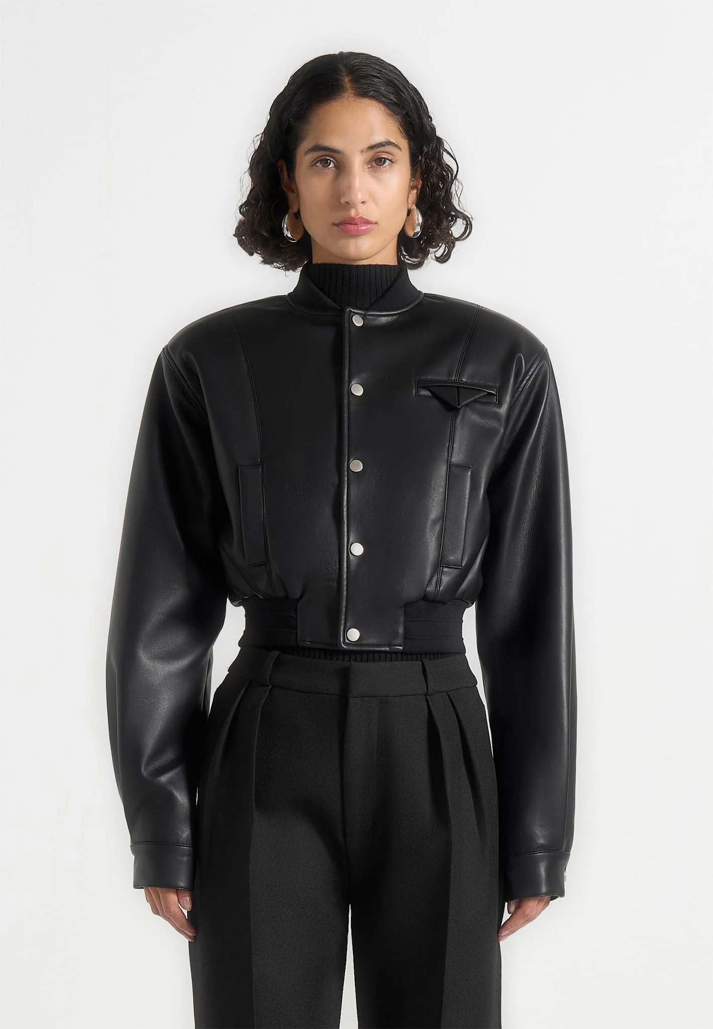 Zina - Leather Wide Shoulder Bomber Jacket - Black - Image 3