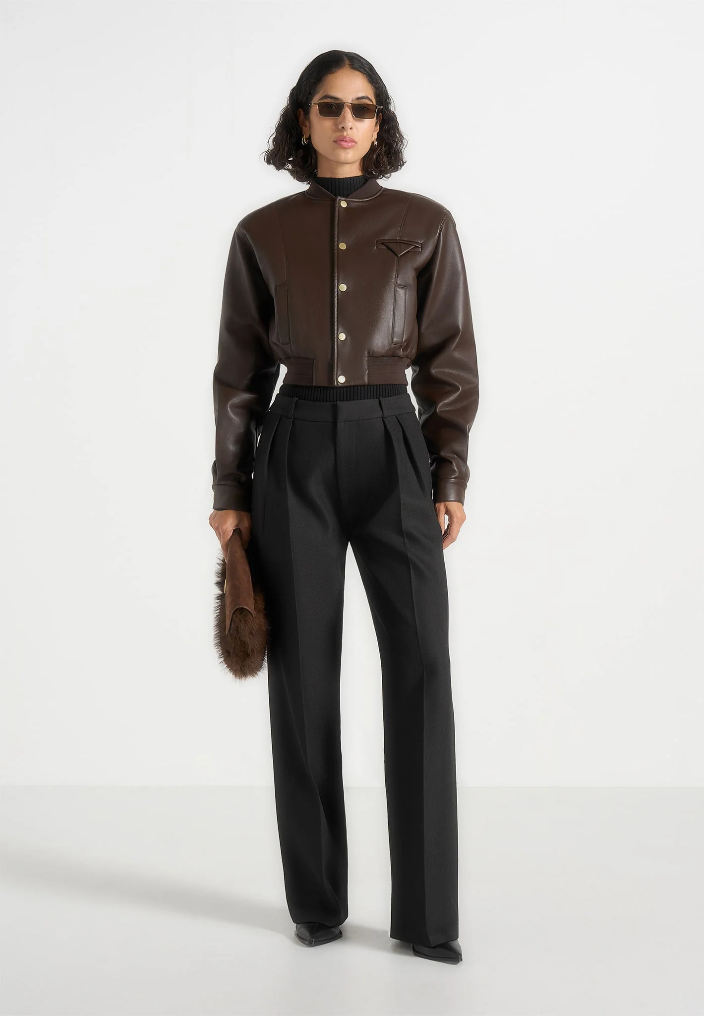 Zina - Leather Wide Shoulder Bomber Jacket - Brown
