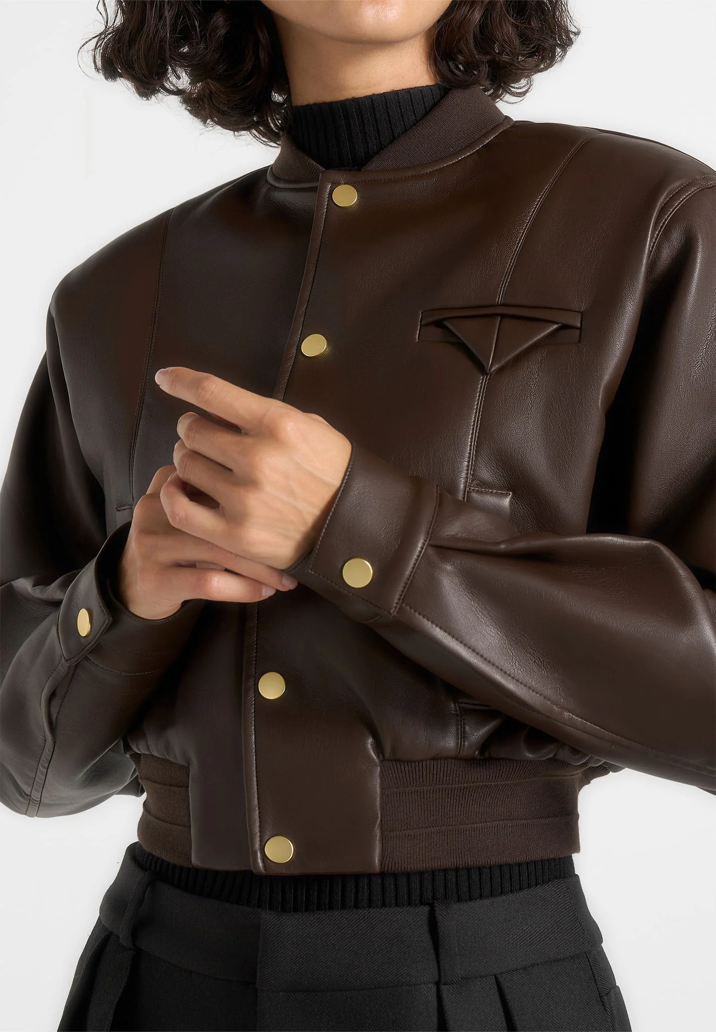 Zina - Leather Wide Shoulder Bomber Jacket - Brown - Image 2